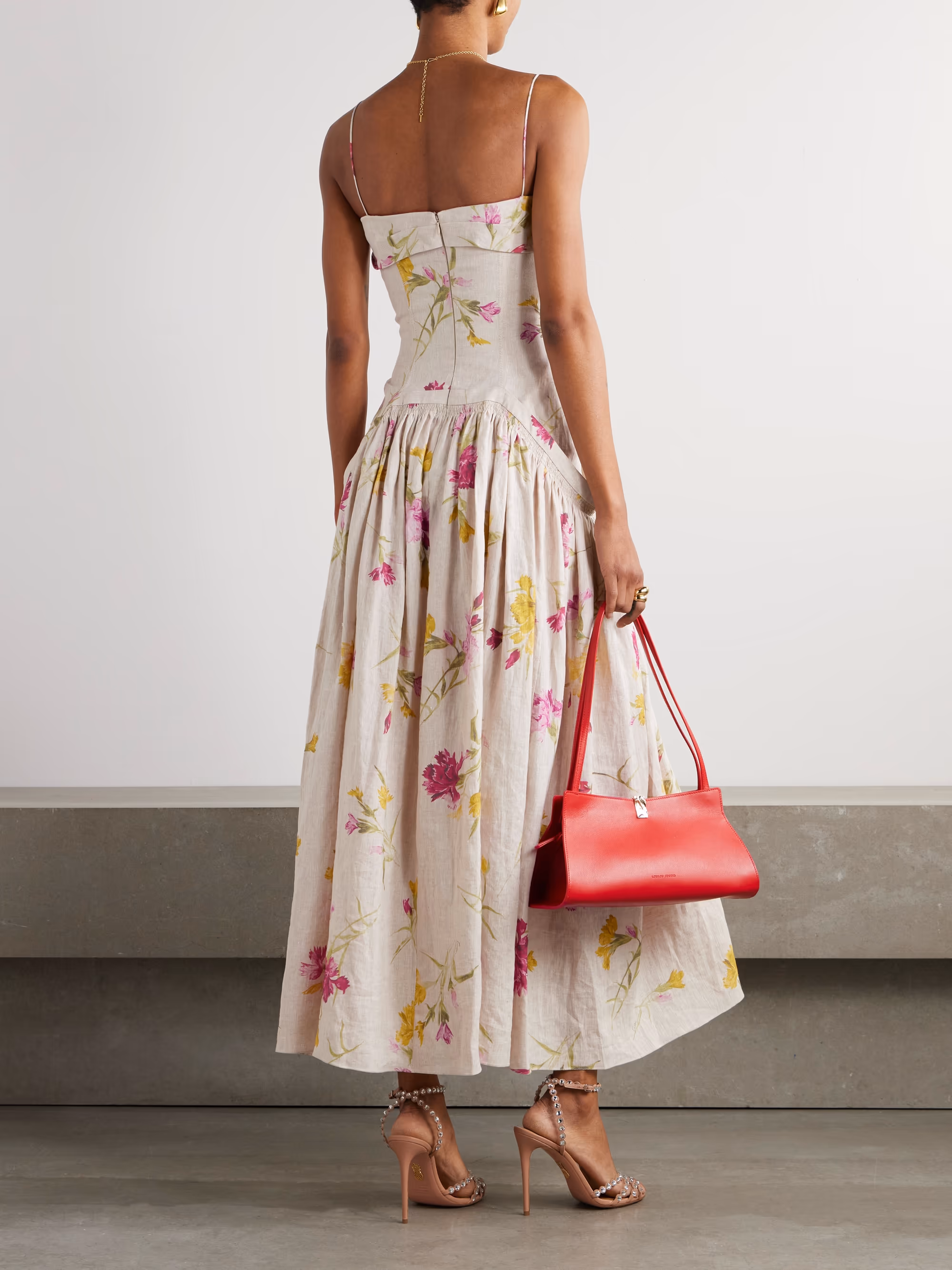 Floral-print linen midi dress
