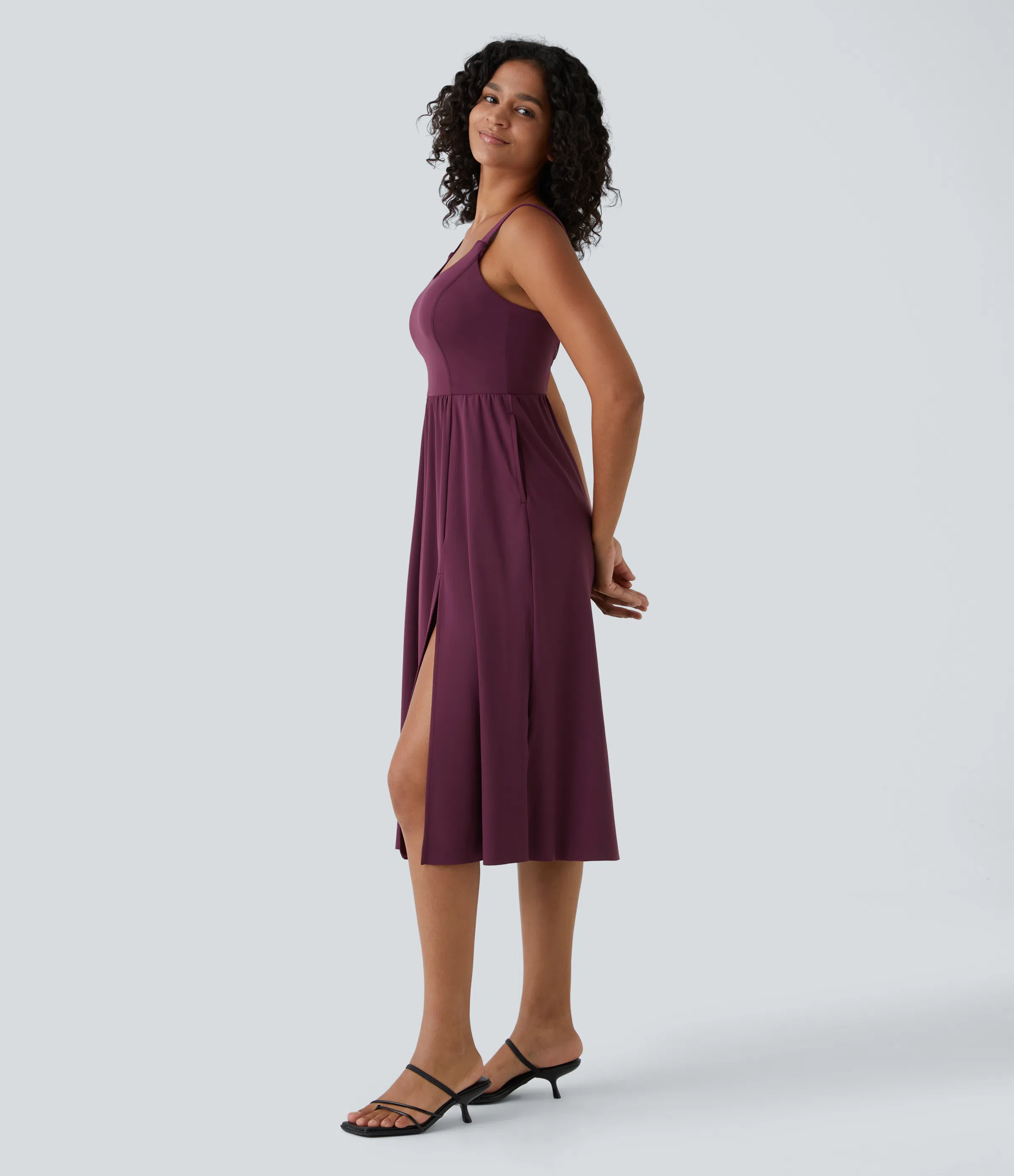 Padded Backless Twisted Split Midi Casual Dress