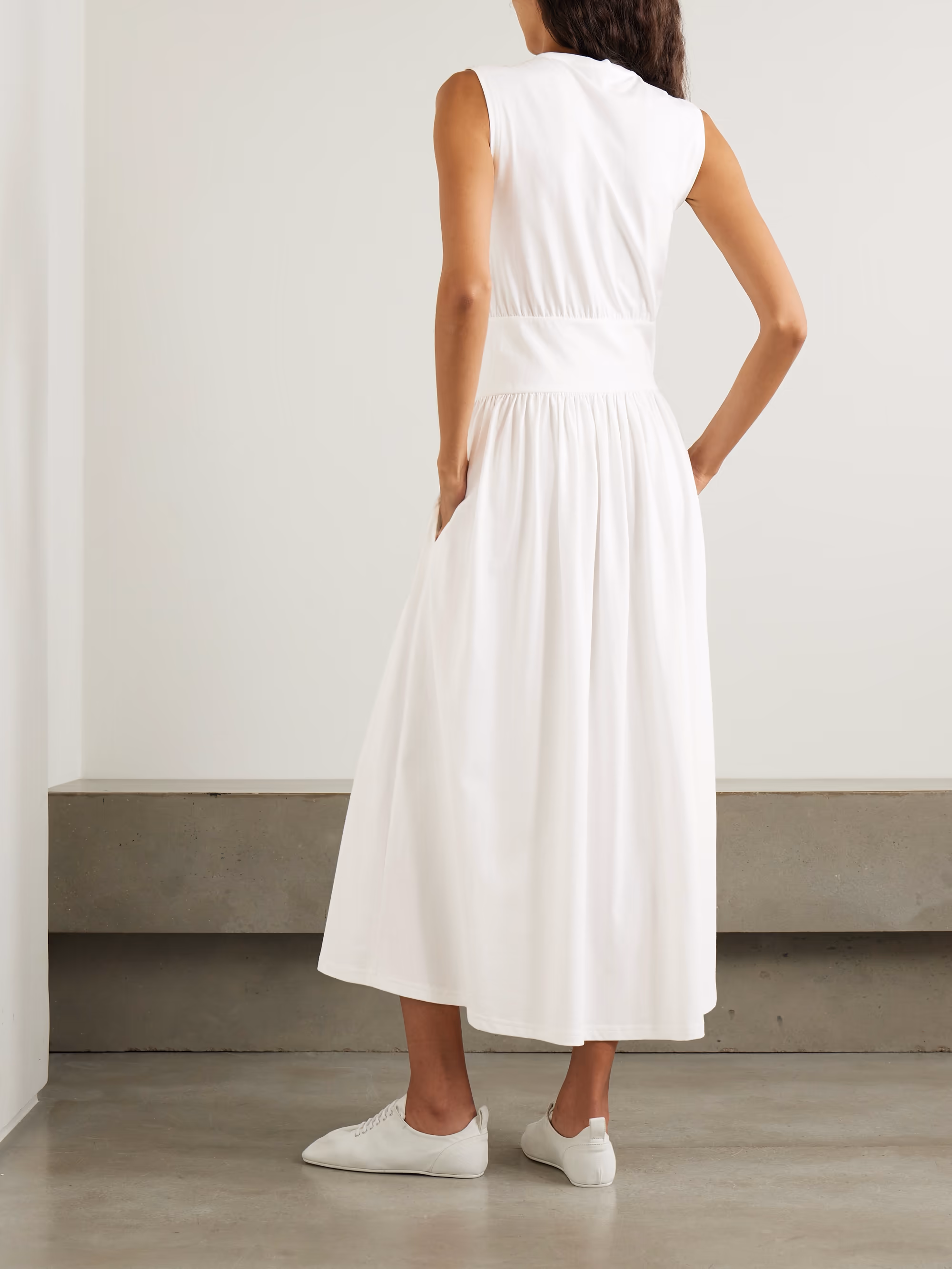 Pleated organic cotton-jersey midi dress