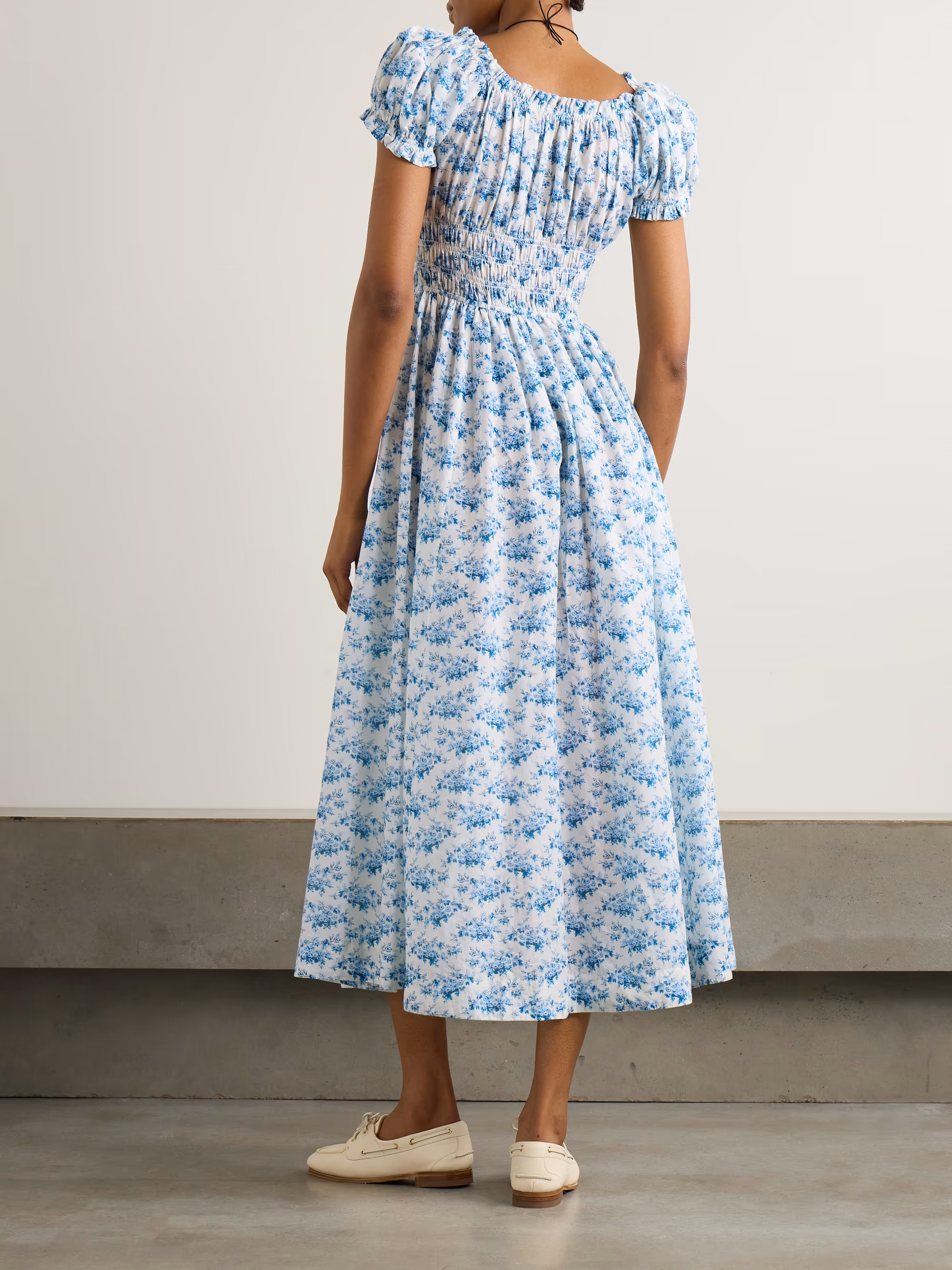 Ashlynn tie-detailed shirred floral-print organic cotton-voile midi dress