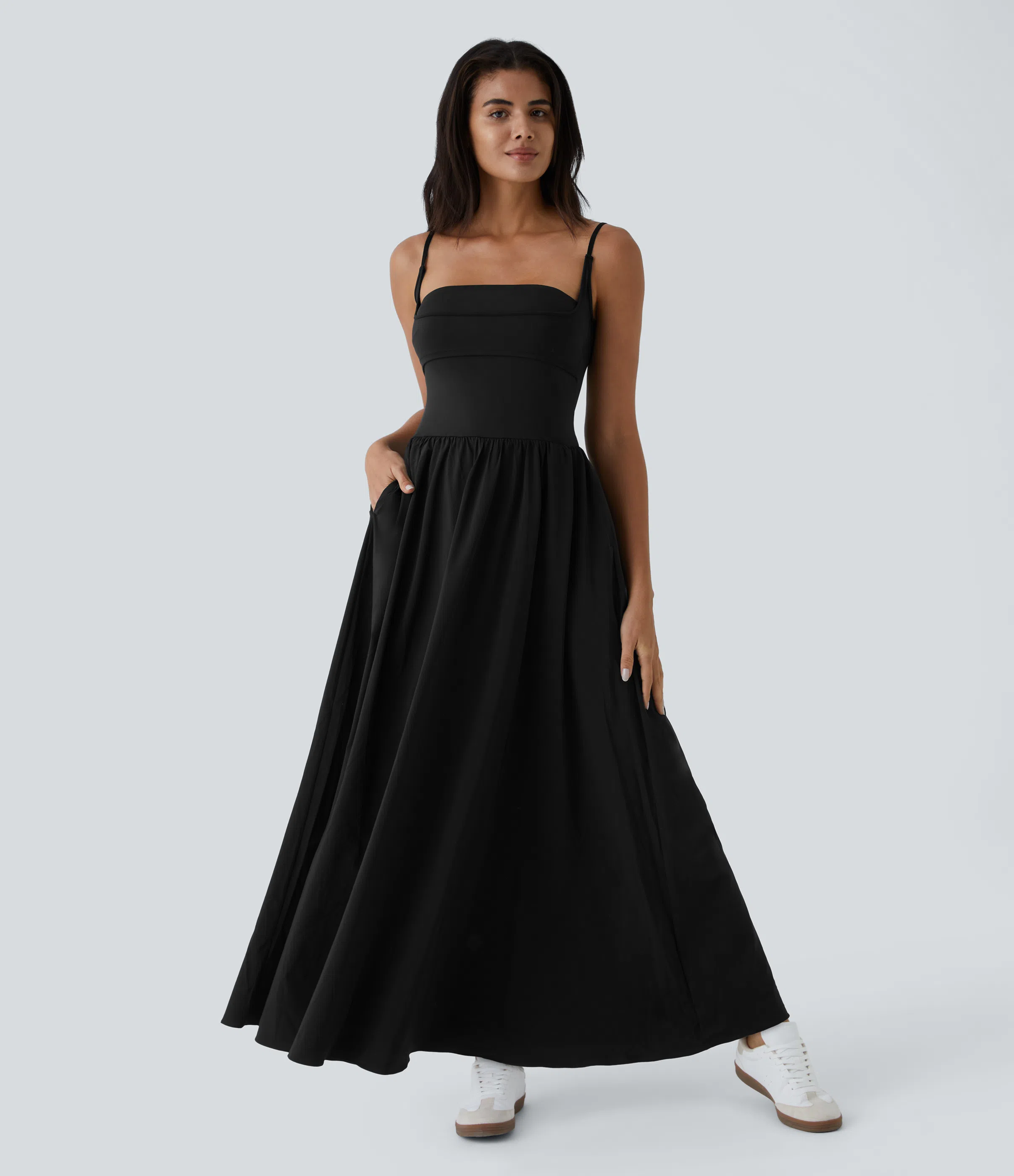 Backless Side Pocket Flowy Flare Maxi Quick Dry Casual Slip Dress