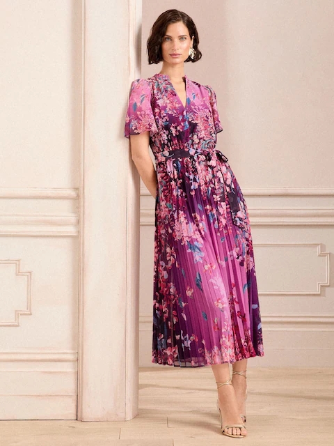 Love & Roses Pink Floral V-Neck Pleated Midi Dress