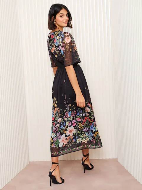 Friends Like These Black Floral Chiffon Dobby Midi Dress