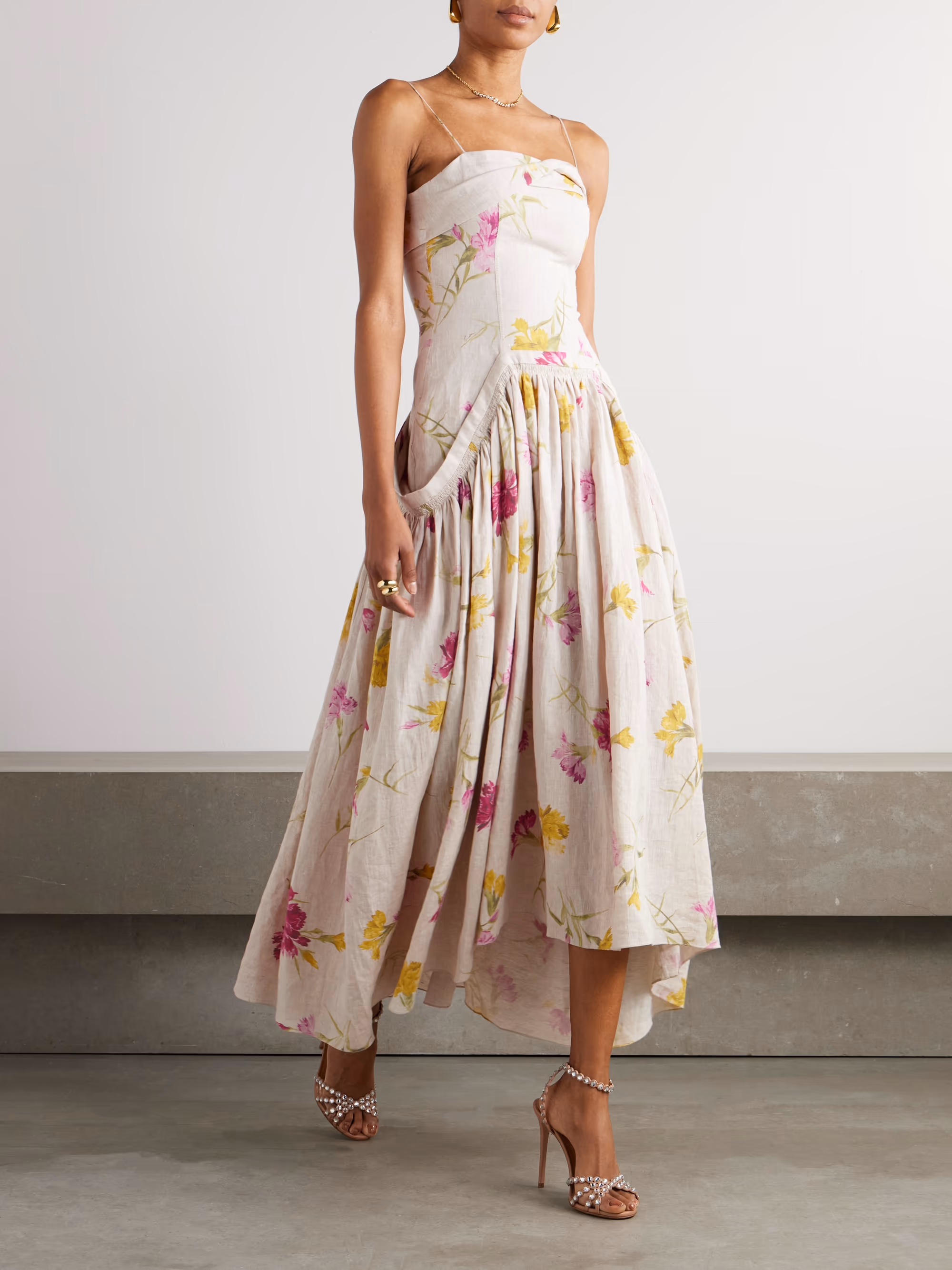 Floral-print linen midi dress