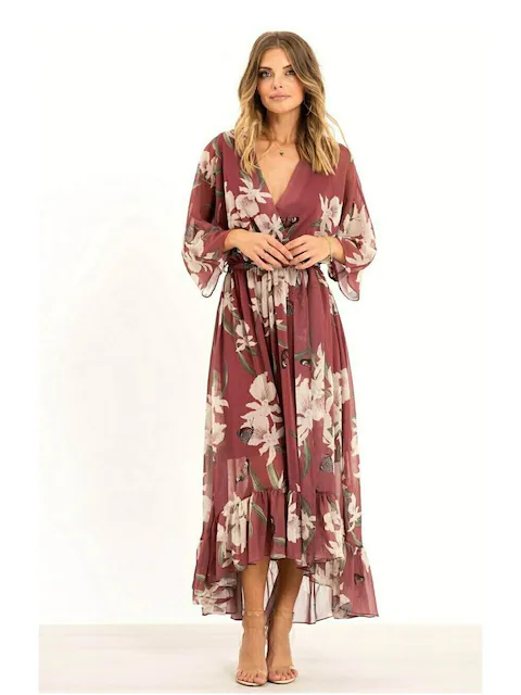 Yumi Rosewood Pink Floral Kimono Sleeves Dip Hem Wrap Midi Dress