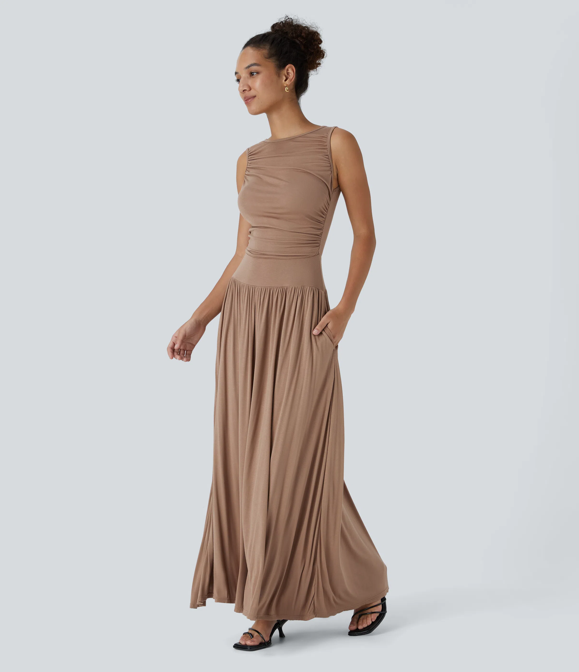 Ribbed Boat Neck Asymmetric Strap Ruched Side Pocket Flowy Maxi Casual Dress