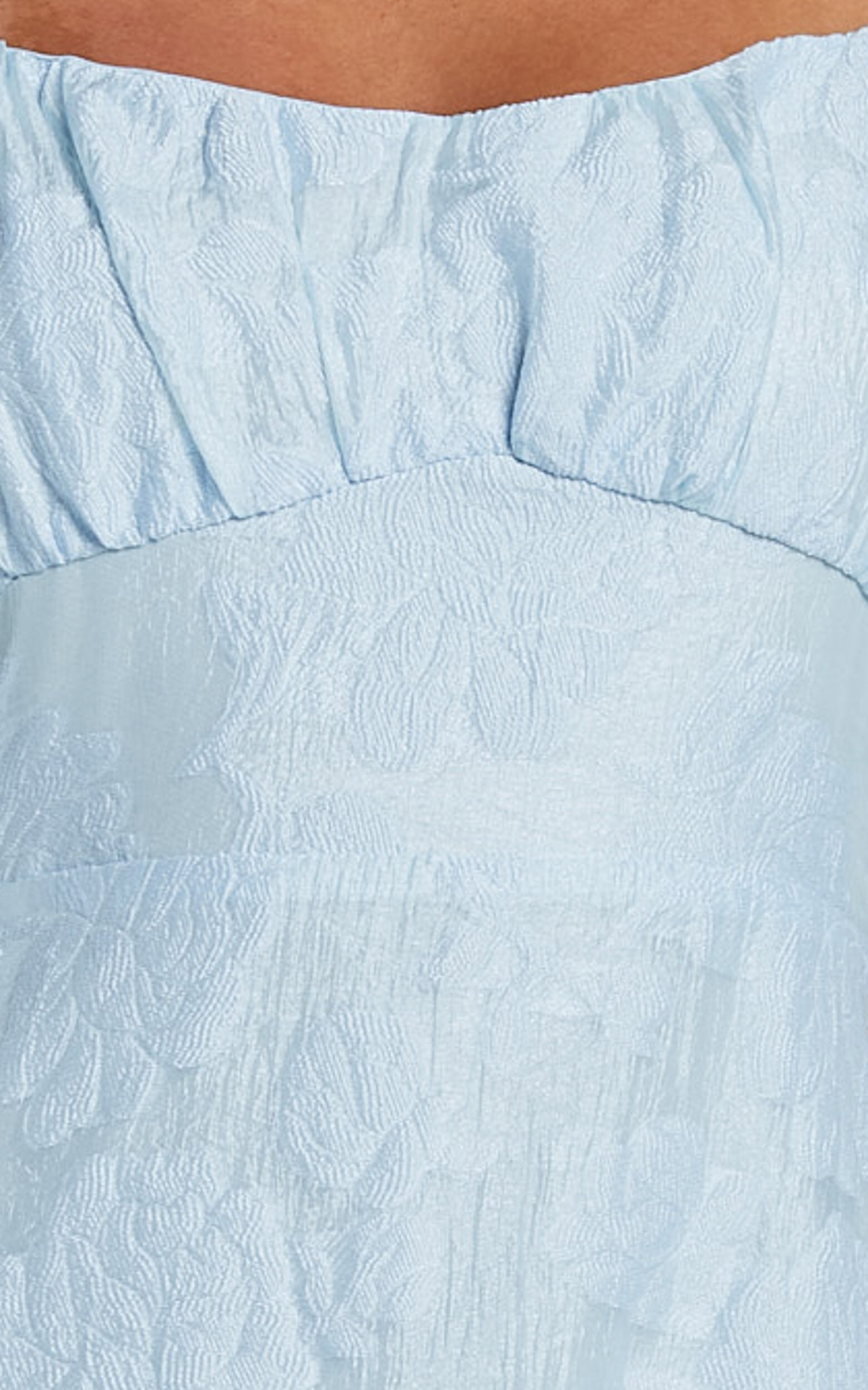 Jovena Midi Dress - Gathered Bodice Tiered Dress in Blue