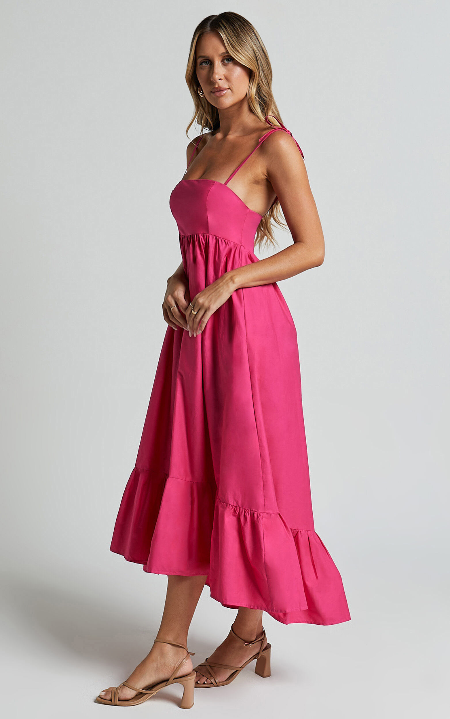 Aveiro Midi Dress - Straight Neck Shoulder Tie High Low Ruffle Hem in Raspberry