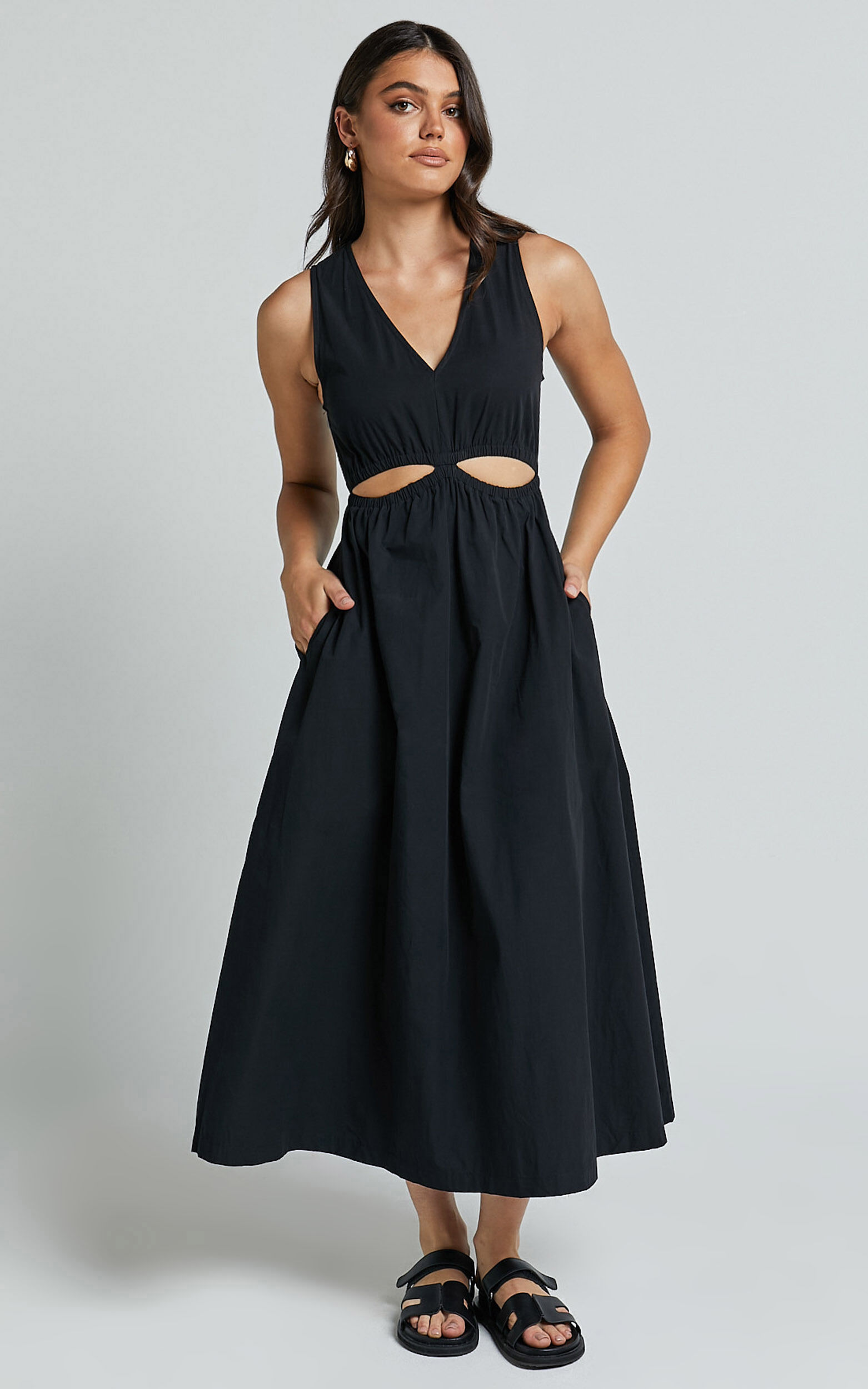 Celiana Midi Dress - Plunge Elastic Waist Cut Out Sleeveless A Line Dress in Black