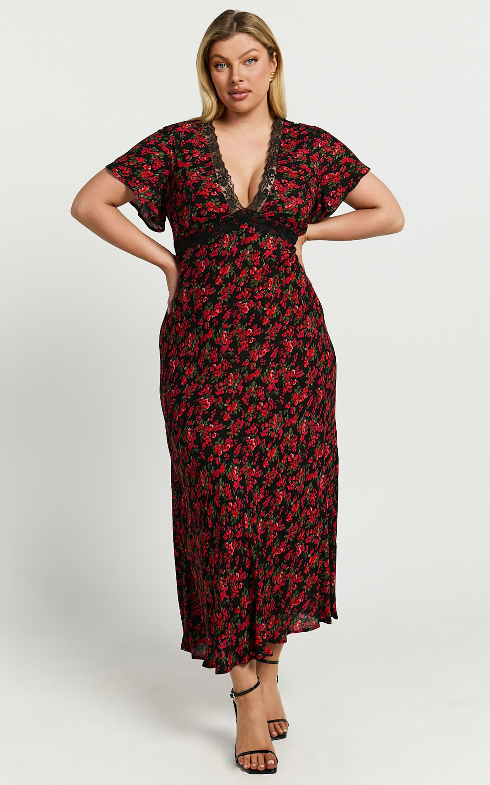 Vanya Midi Dress - V Neck Short Sleeve Lace Trim Tie Back Slip Dress in Black Floral