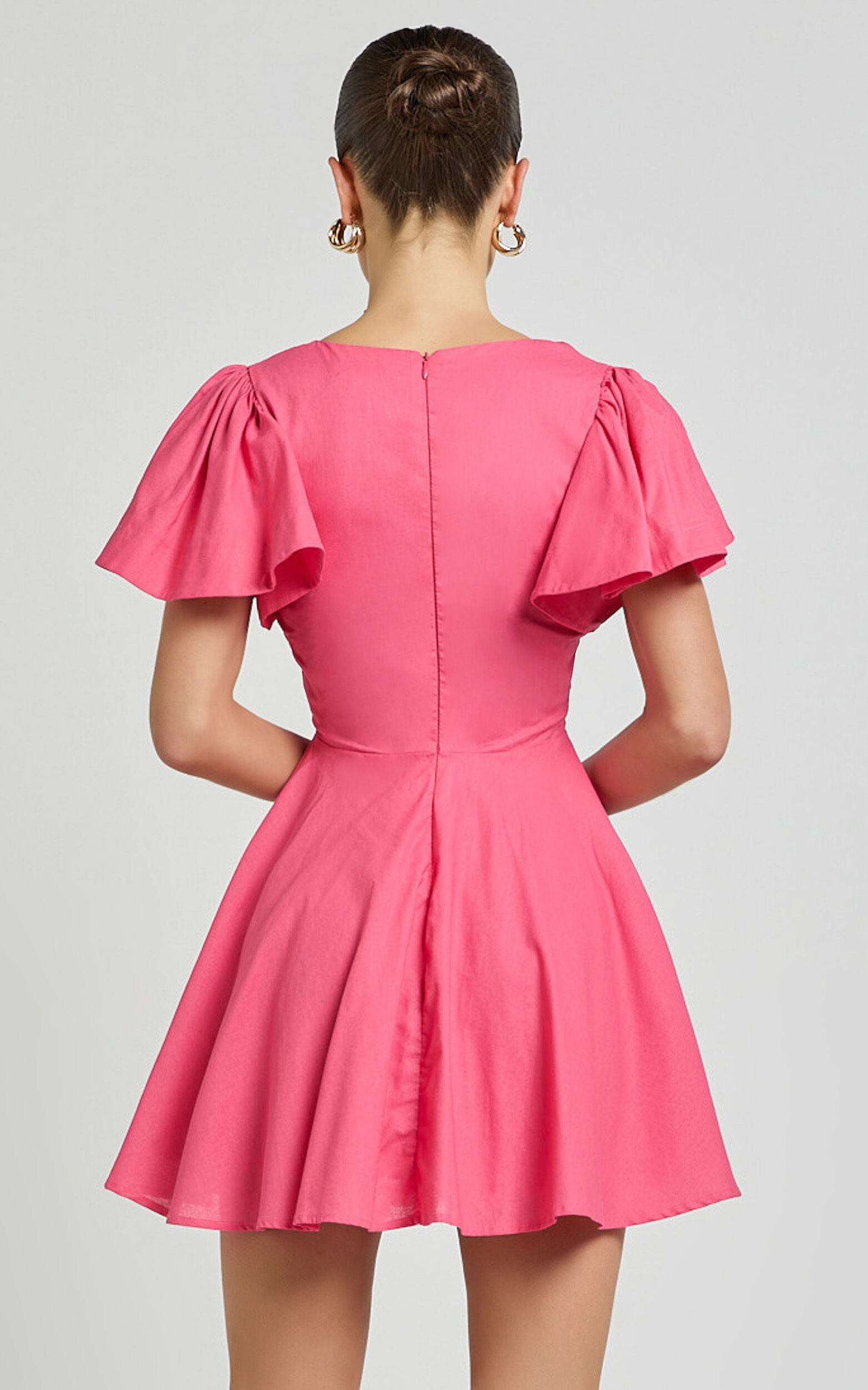 Carli Mini Dress - Linen Ruched Bodice Bell Sleeve Dress in Pink