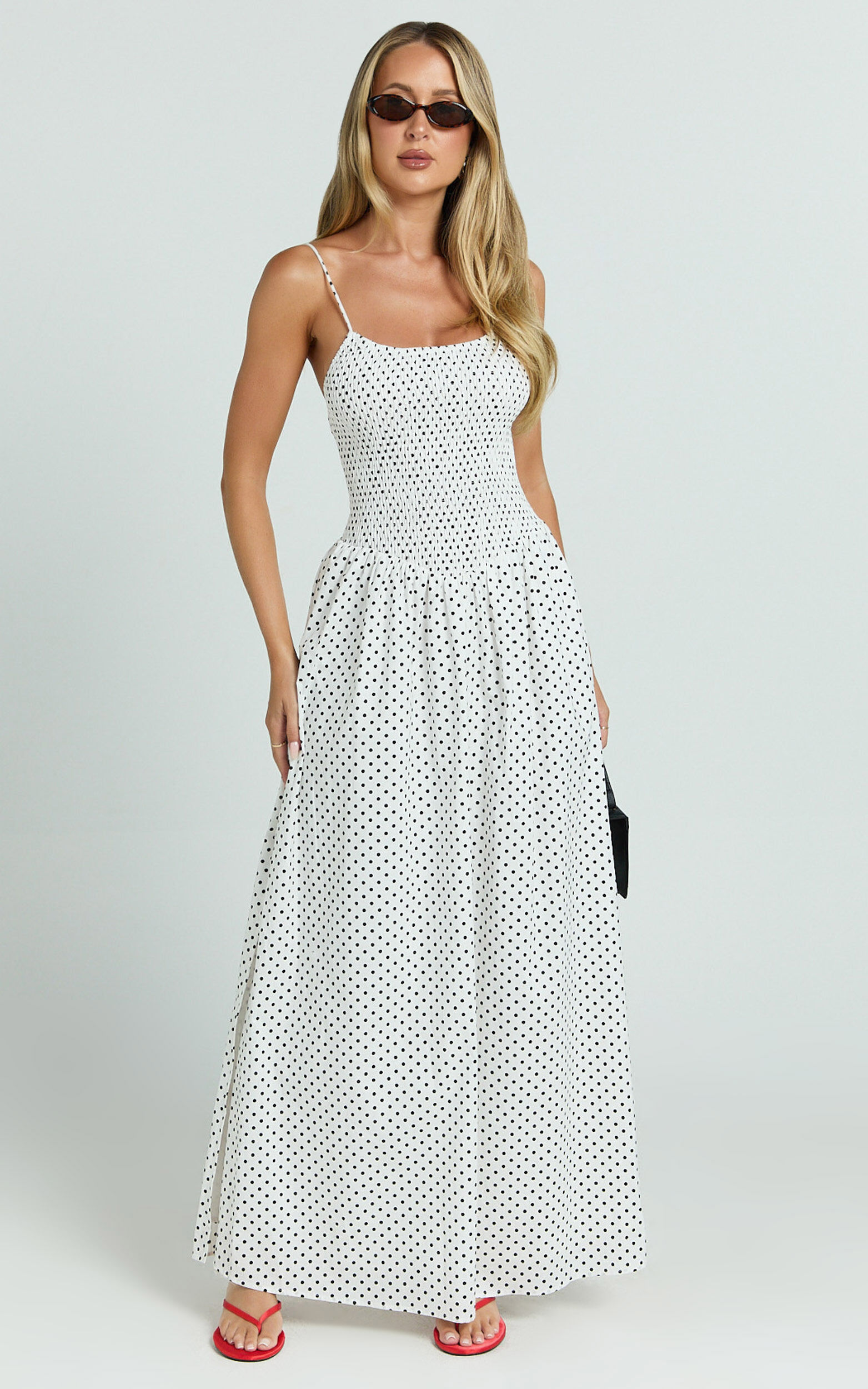 Doris Maxi Dress - Strappy Fit and Flare Maxi Dress in White Polkadot