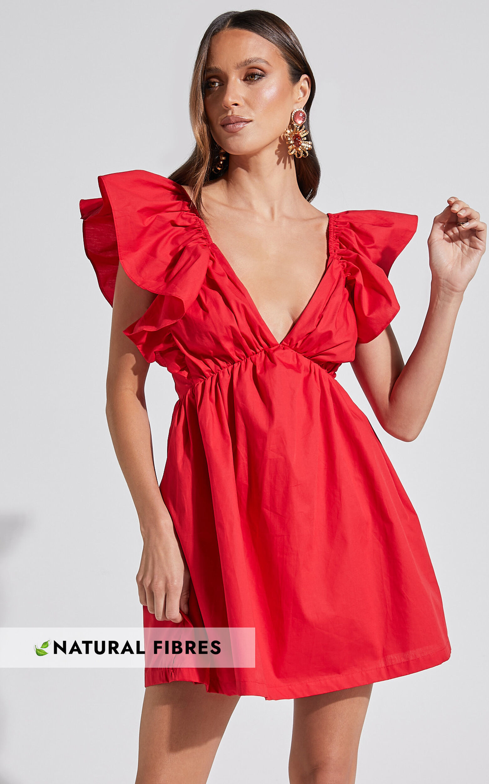 Raiza Mini Dress - Ruffle Sleeve Tie Back Plunge Dress in Red