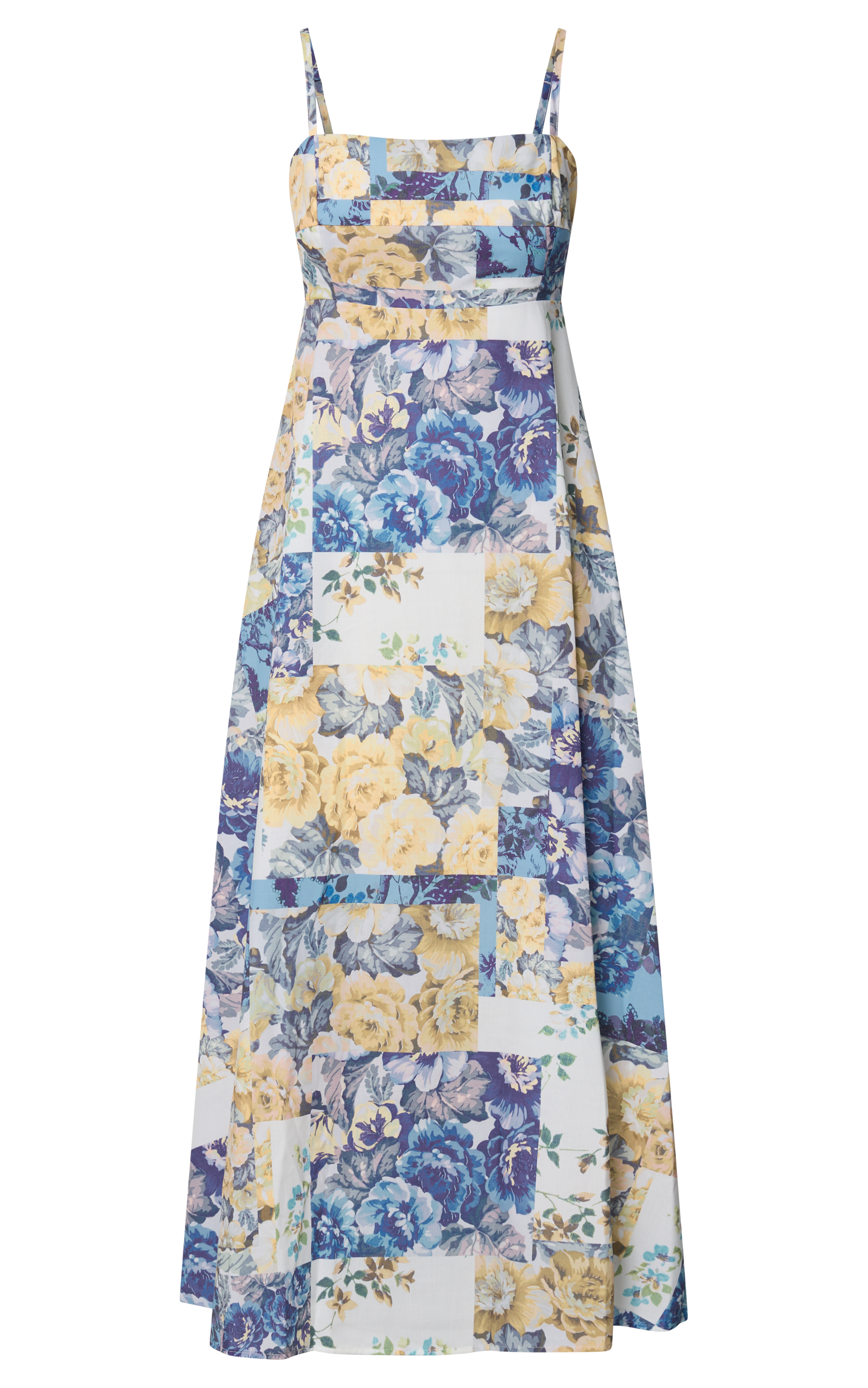 Olivia Midi Dress - Straight Neck Strappy A-Line Dress in Patchwork Floral