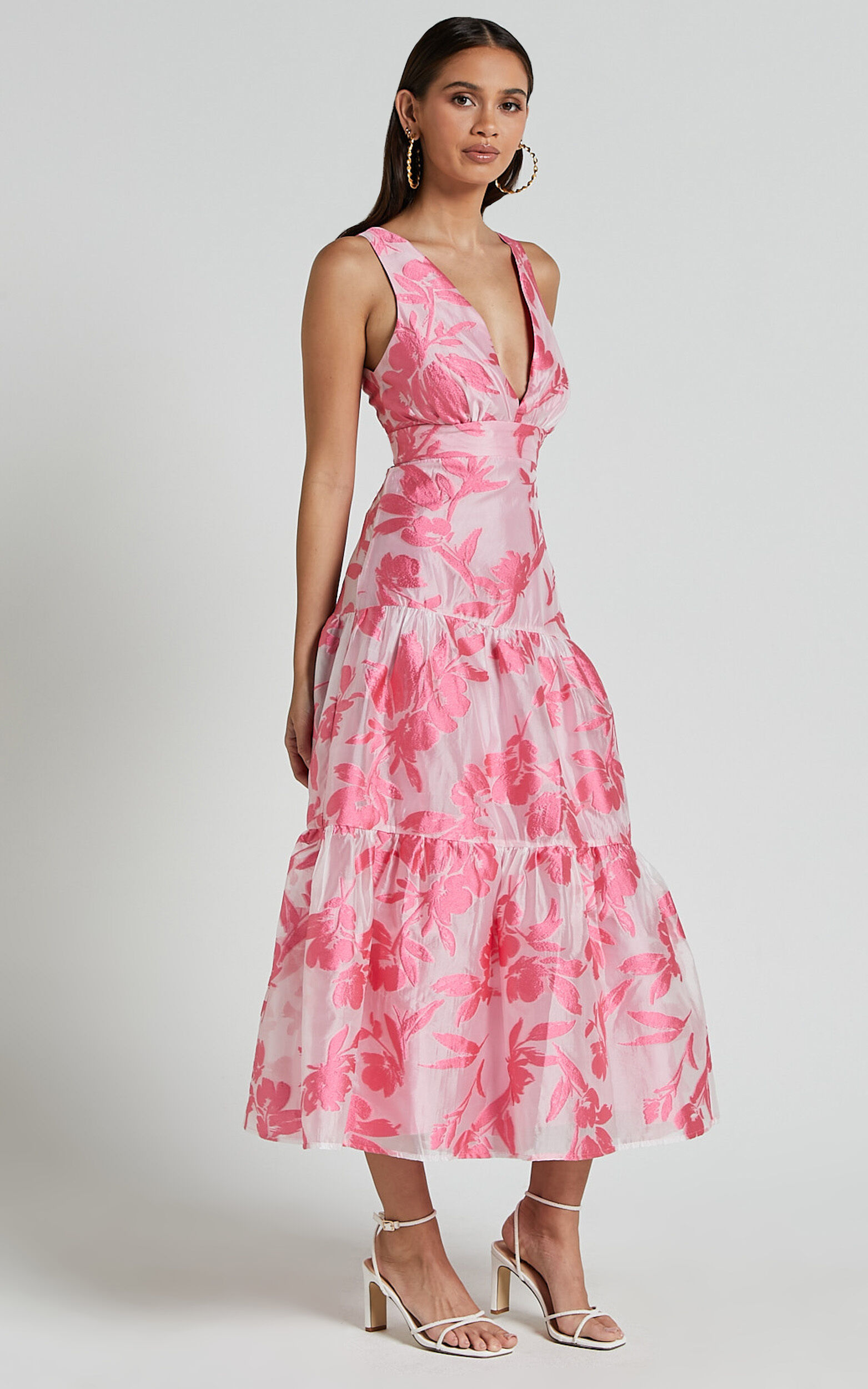 Reba Midi Dress - V Neck Tiered Jacquard Dress in Pink