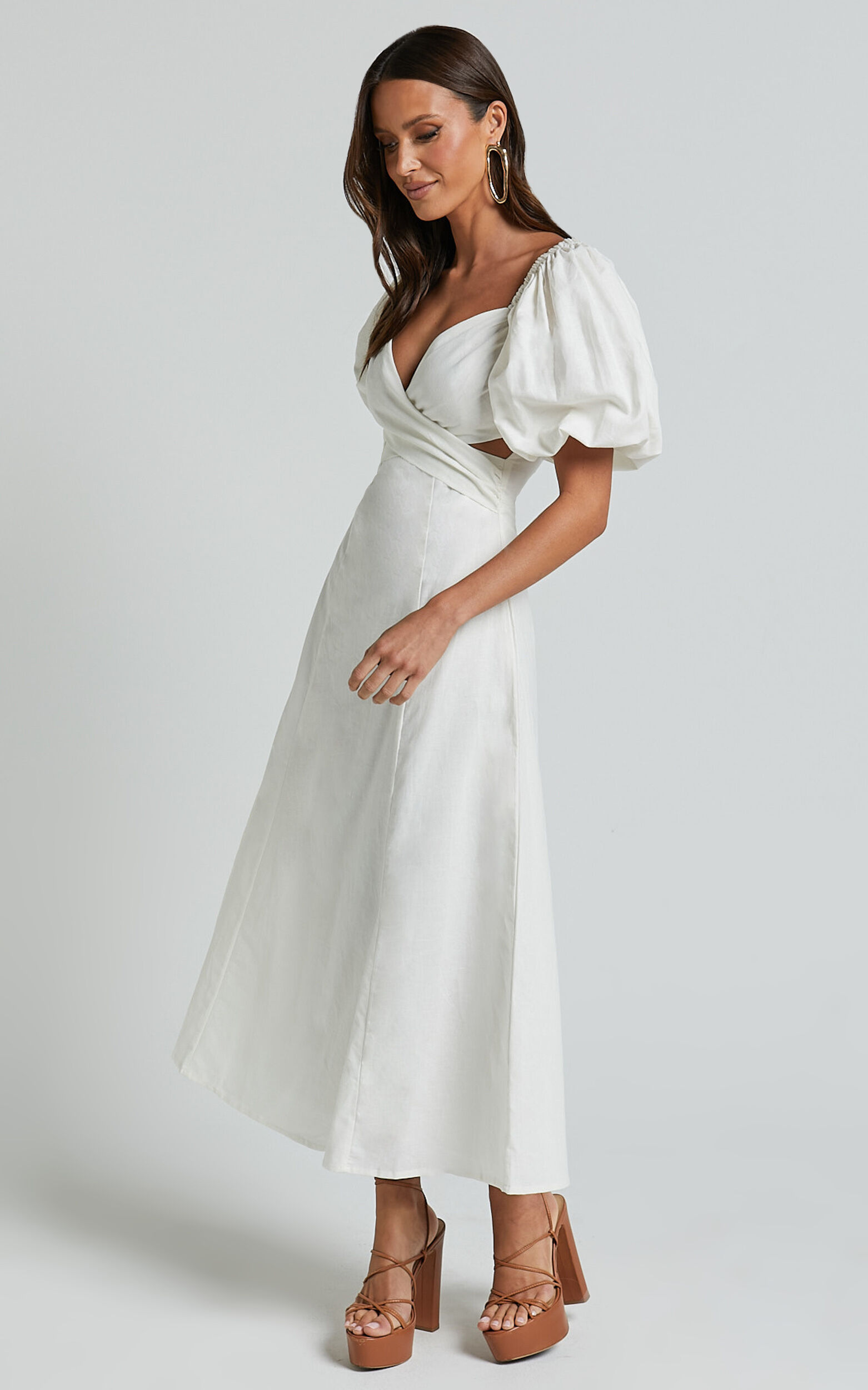 Amalie The Label - Janae Linen Blend Puff Sleeve Cut Out Midi Dress in White