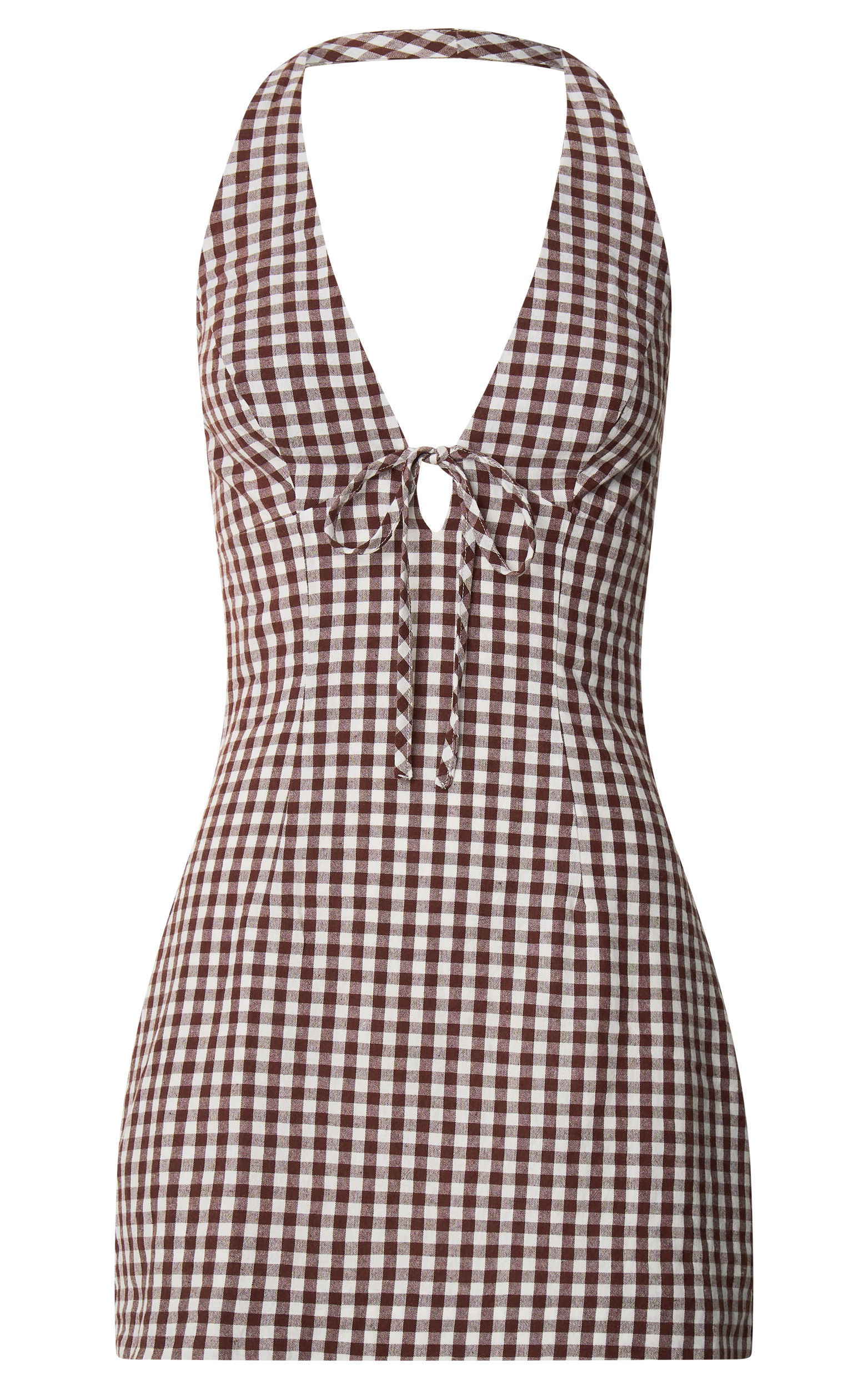 Emilia Mini Dress - Plunge Halter Bodycon Dress in Brown/White
