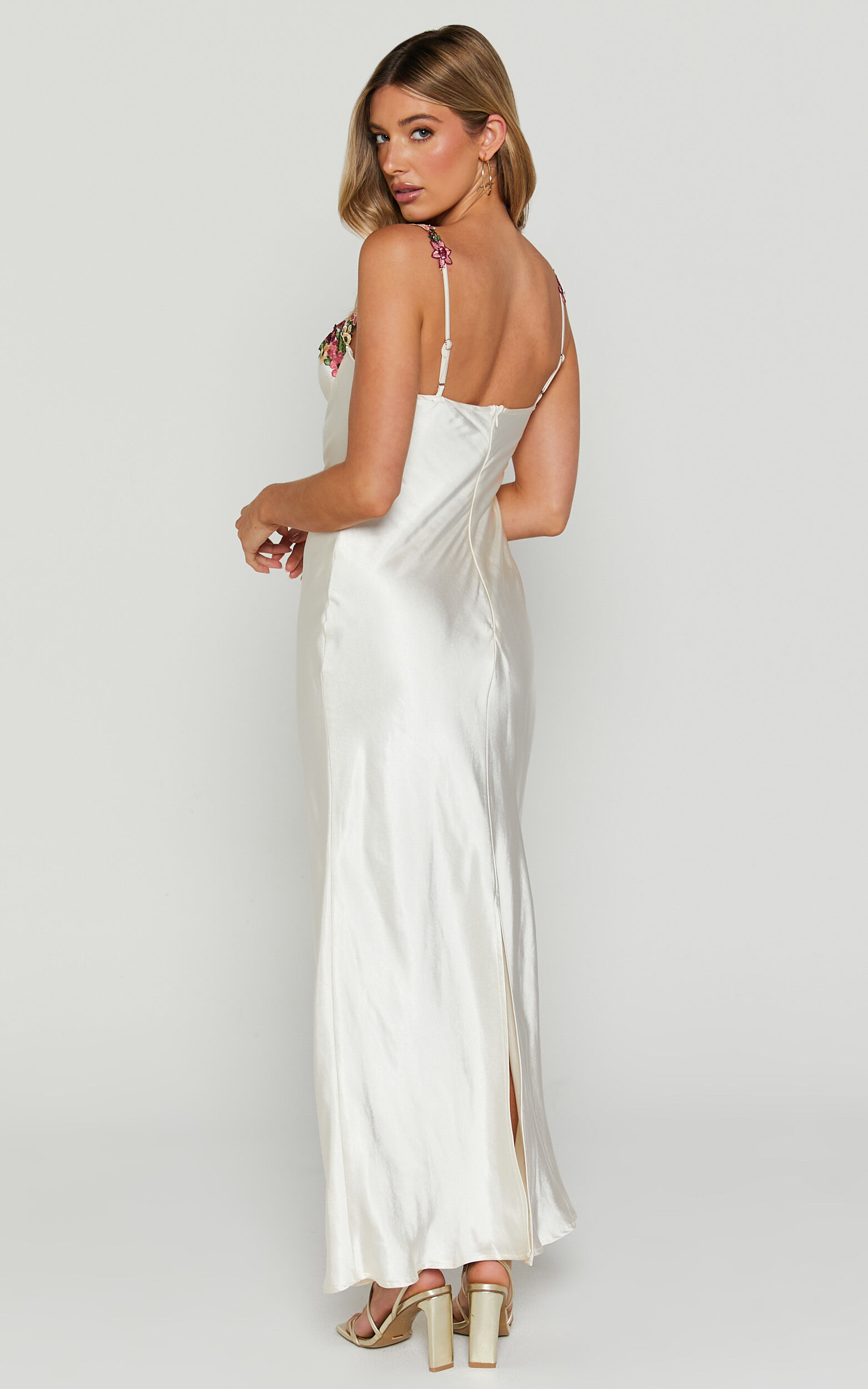 Harmony Midi Dress - Floral Detail Cup Bust Satin Dress in White