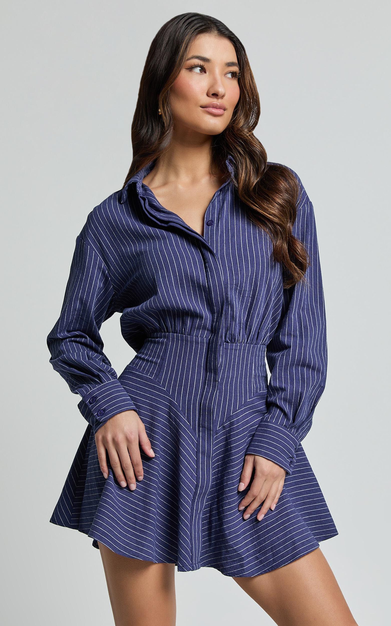 Whitney Mini Dress - Linen Long Sleeve Shirt Dress in Navy