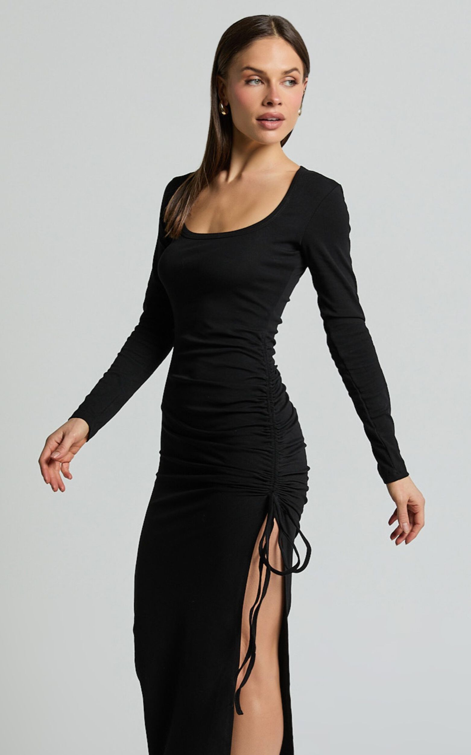 Harlow Midi Dress - Crew Neck Long Sleeve Ruched Side Split Dress in Black
