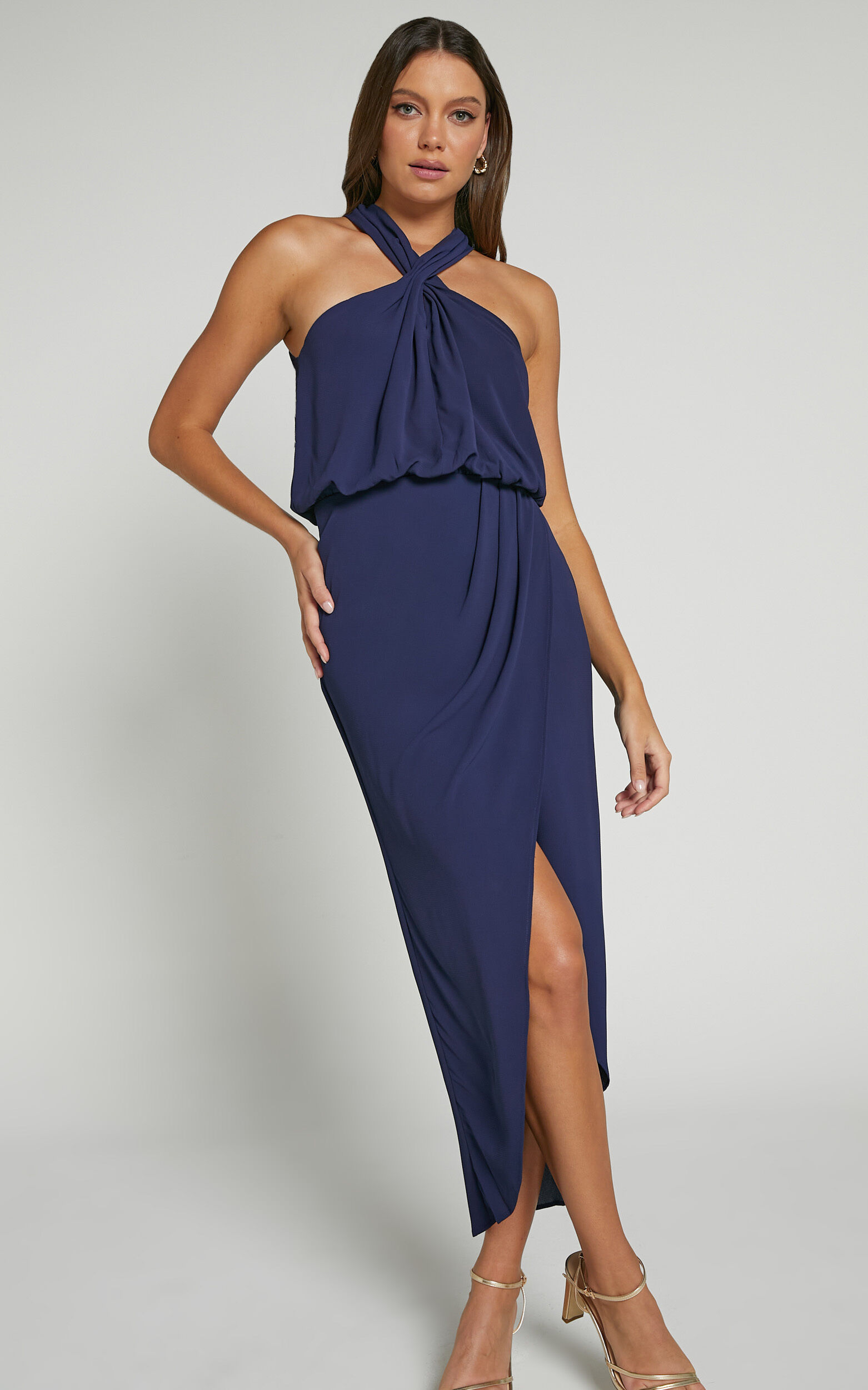 Sofiah Midi Dress - Twist Halterneck Split Dress in Navy