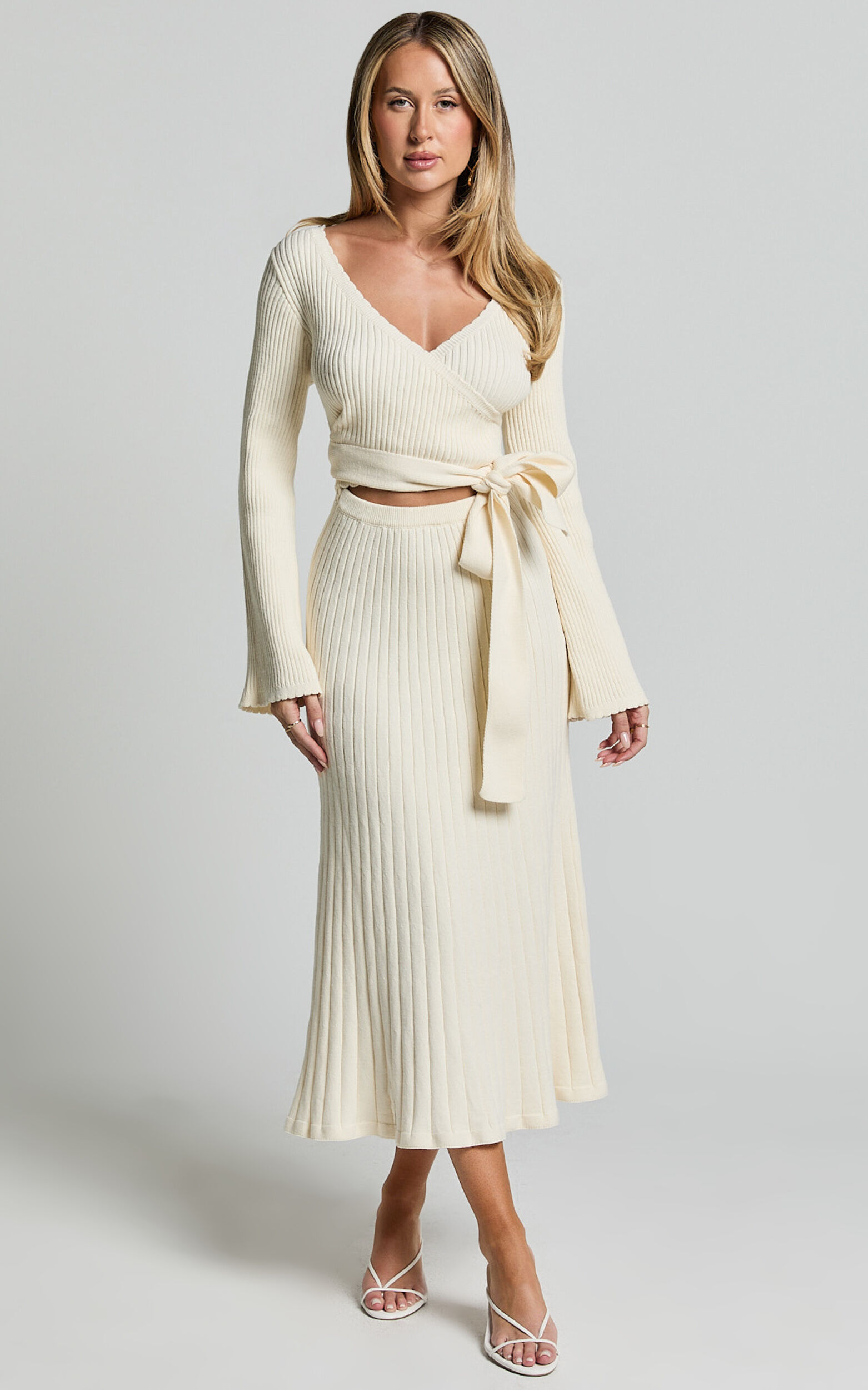 Andreia Midi Dress - Knitted Wrap Long Sleeve Dress in Cream