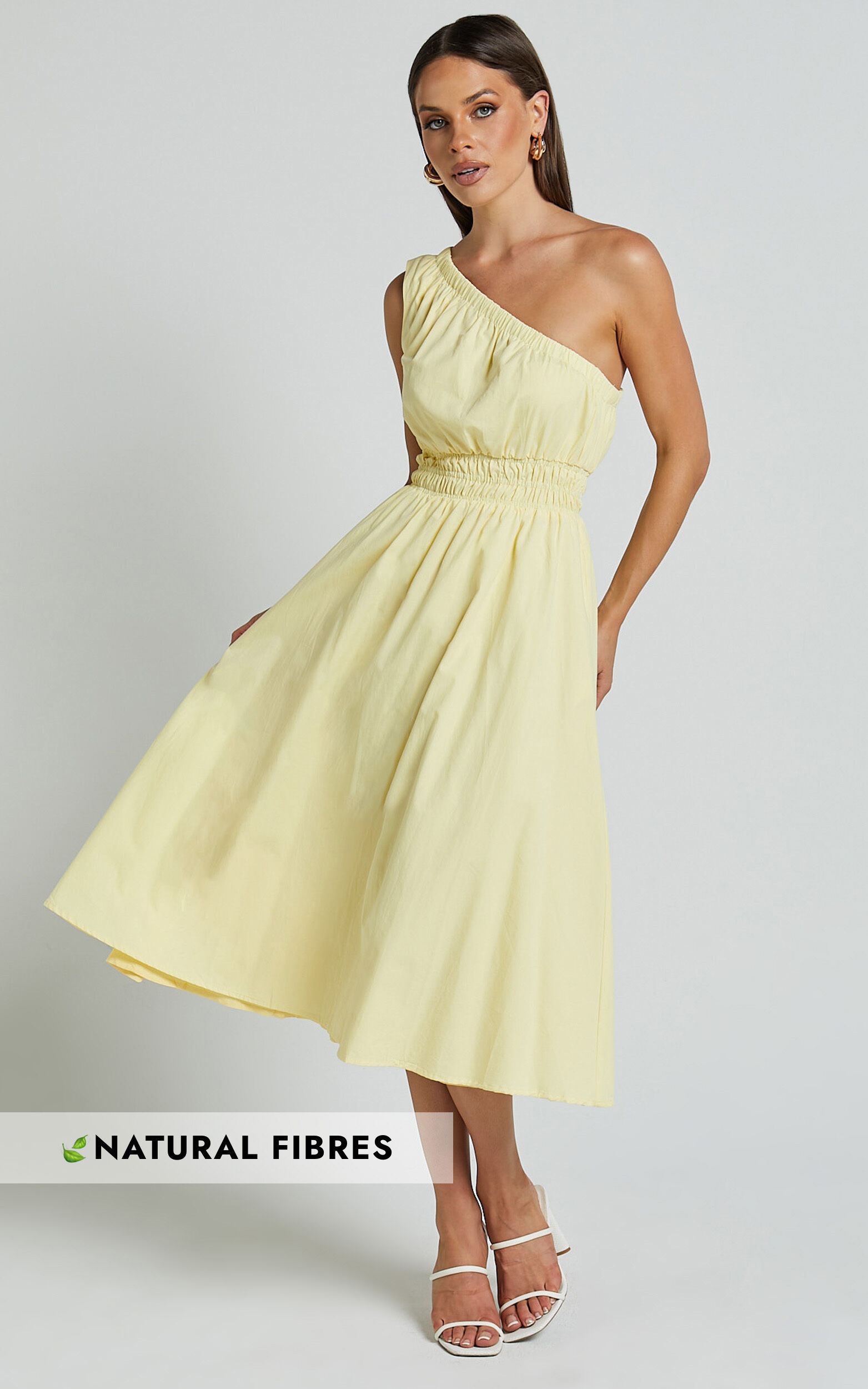 Yulia Midi Dress - One Shoulder Shirred Waist Dress in Lemon