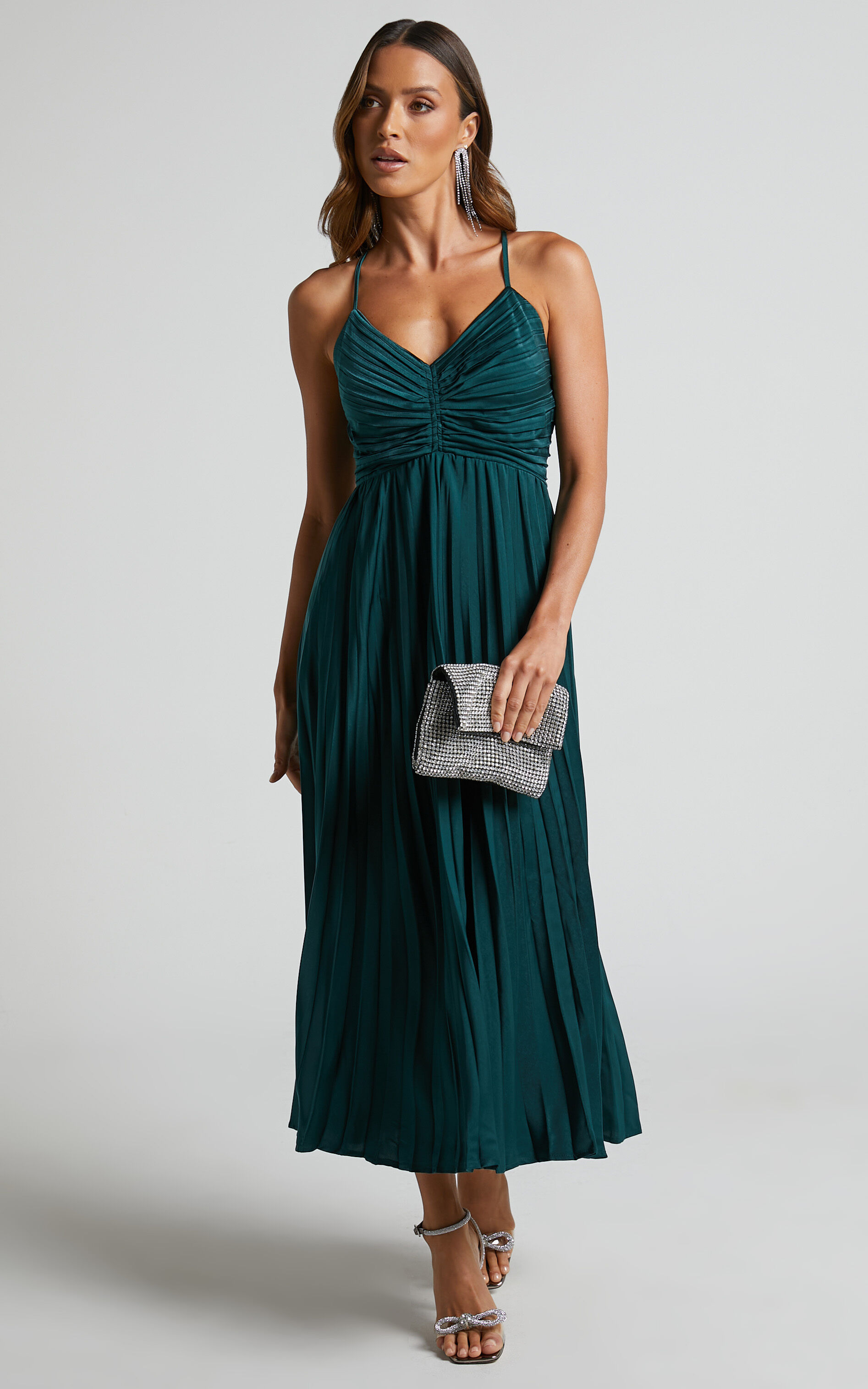 Zayla Midi Dress - Plisse Twist Front Dress in Emerald