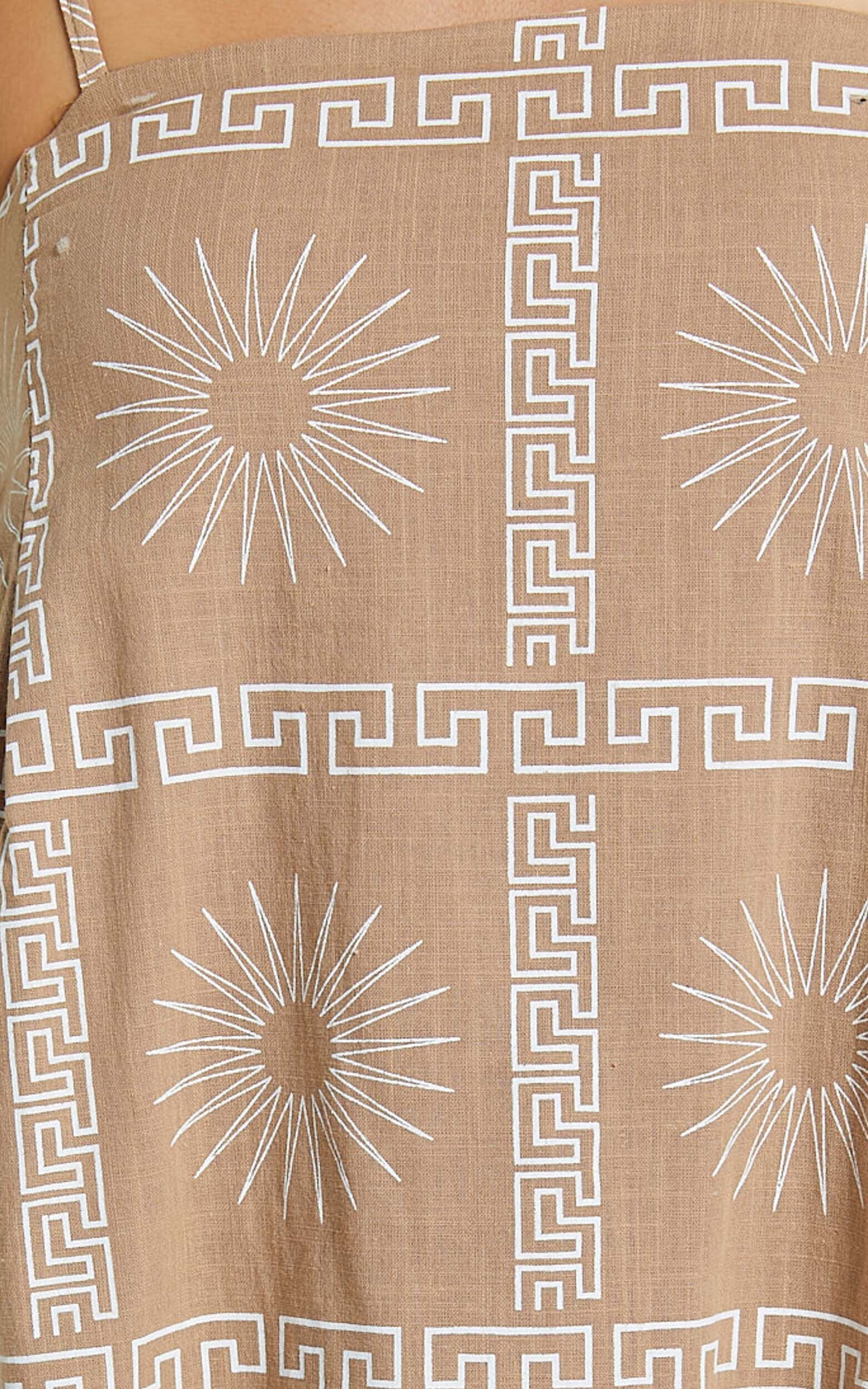 Elia Mini Linen Dress - Straight Neck Sleeveless Slip Dress in Tan/White