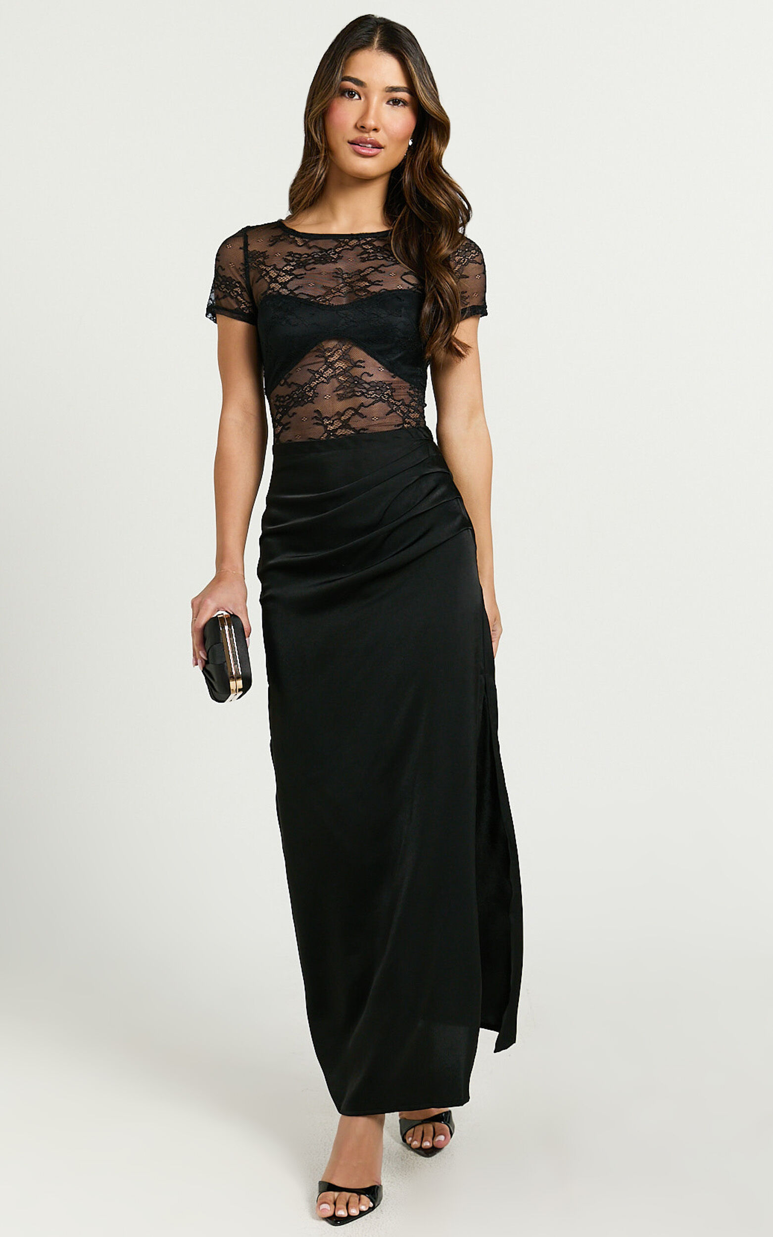 Jonna Midi Dress - Short Sleeve Boat Neck Lace Midi Dress in Black