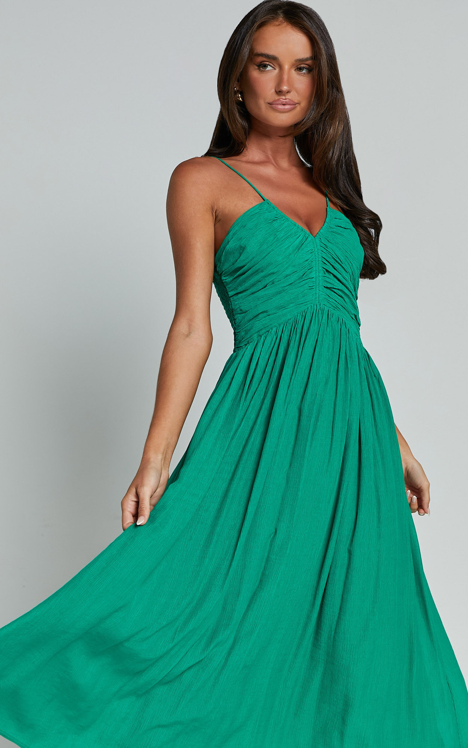 Roza Midi Dress - Ruched Bodice Dress in Emerald