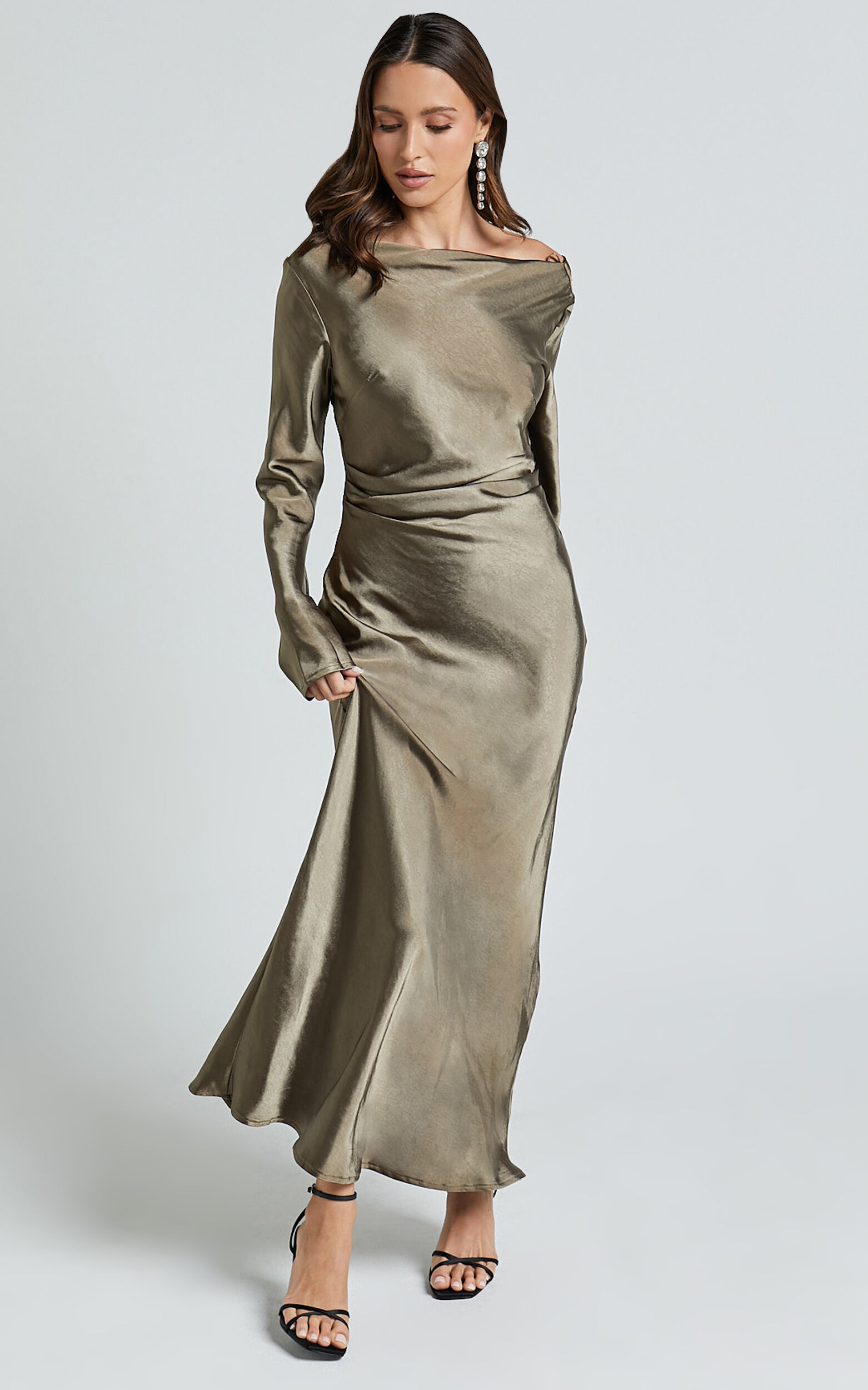 Arriana Midi Dress - Long Sleeve Cowl Back Satin Dress in Dark Olive