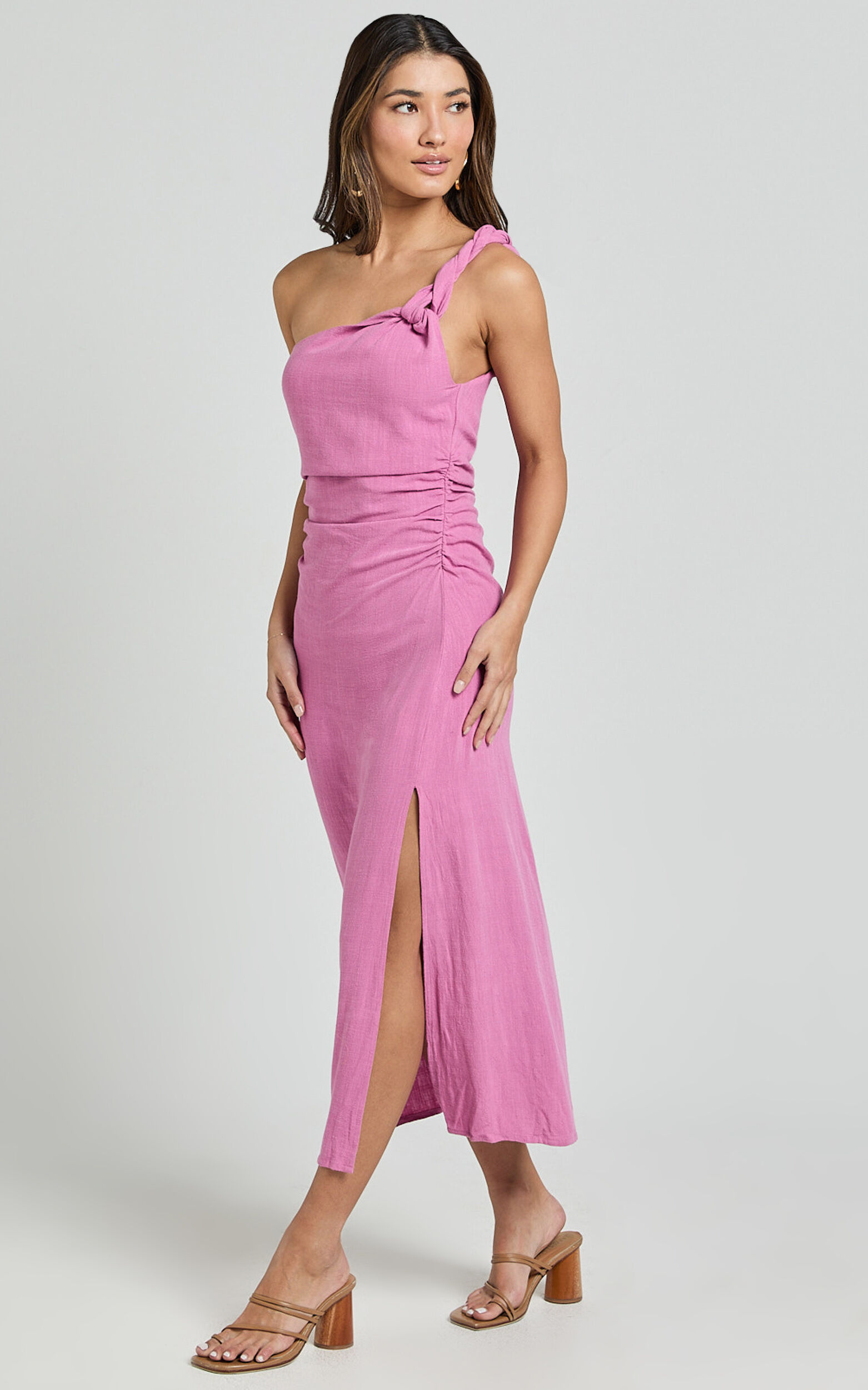 Finley Midi Linen Dress - Linen Feel One Shoulder Ruched Dress in Orchid