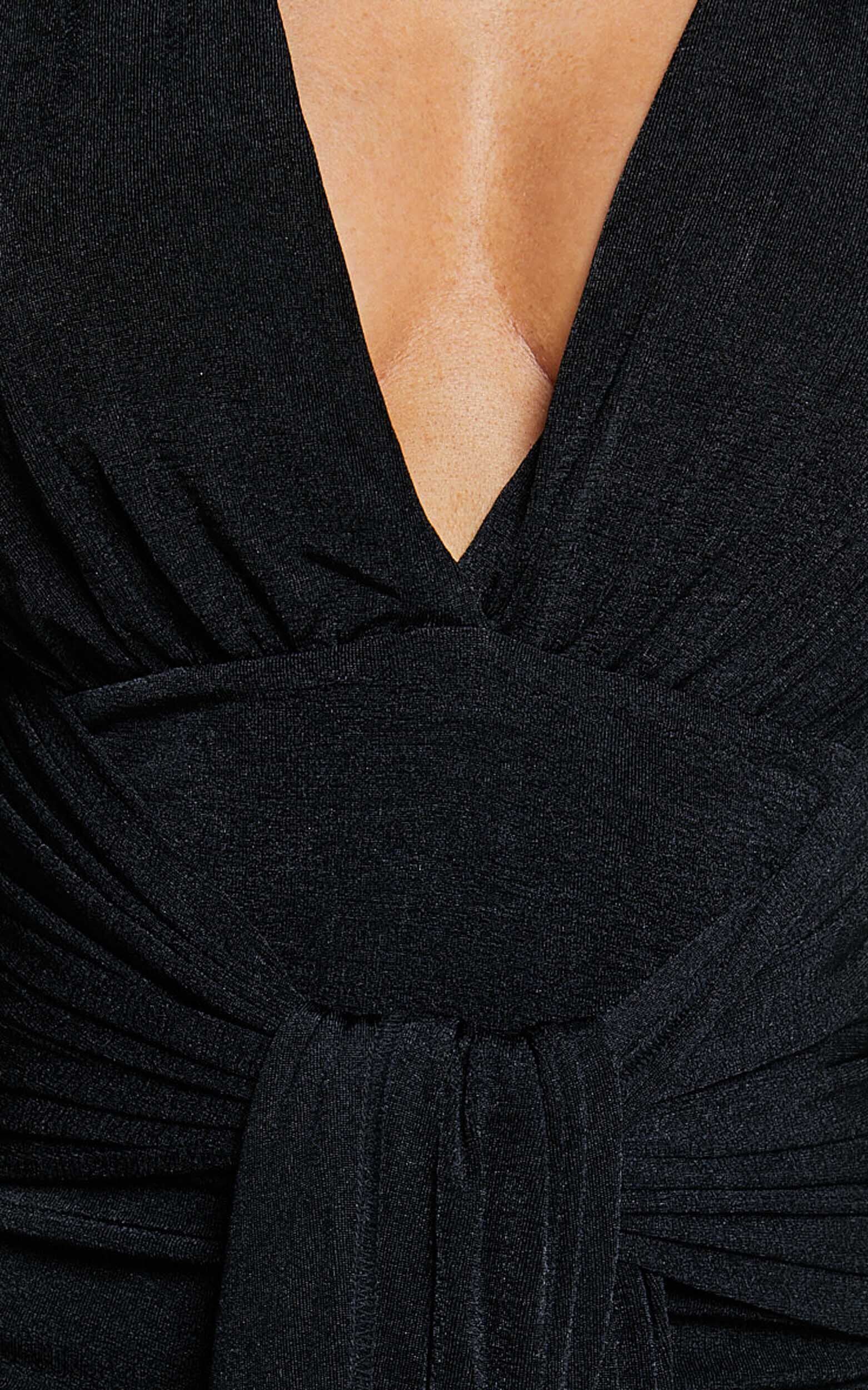 Melanie Midi Dress - Plunge Long Sleeve Tie Front Dress in Black