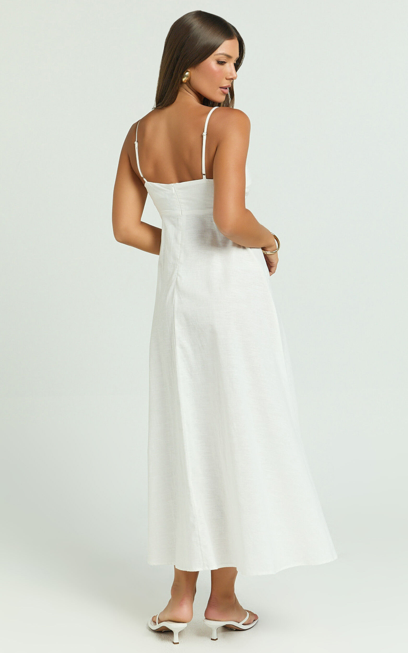 Brette Midi Dress - Linen Straight Neck Strappy Fit And Flare Dress in White