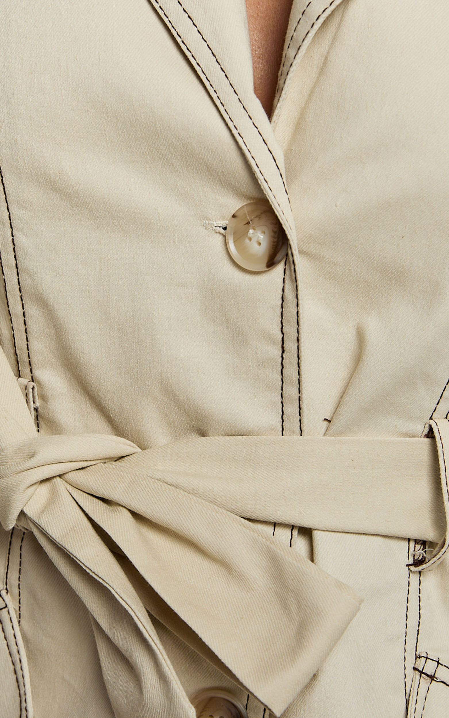 Yelena Midi Dress - Button up Collared Belted Long Sleeve Dress in Natural