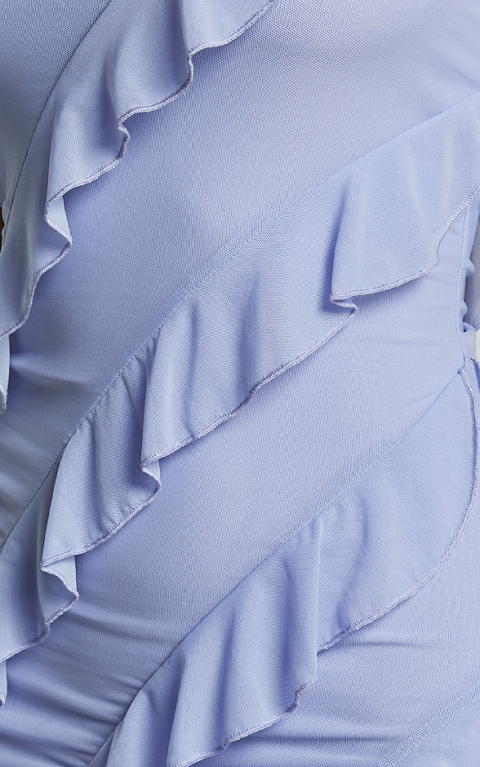 Alyssa Midi Dress - Strapless High Slit Ruffle Detail Dress in Soft Blue