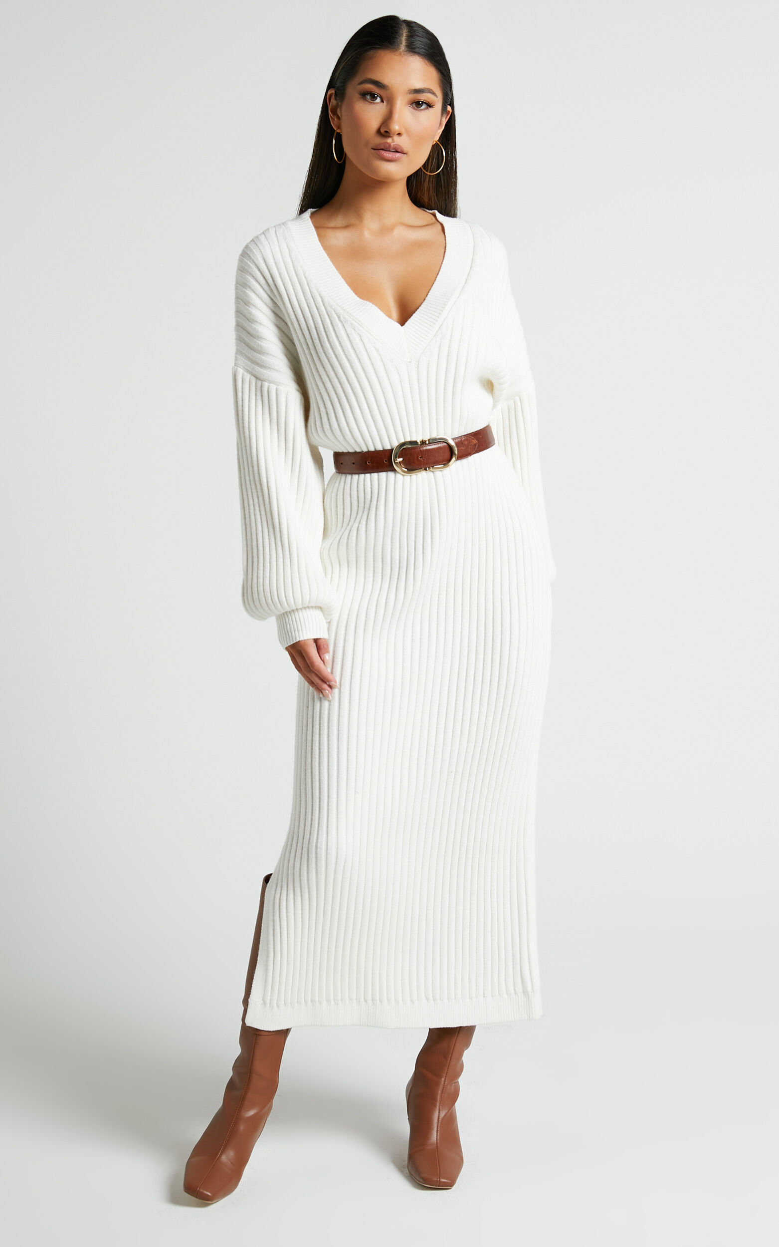 Kartia Midi Dress - V Neck Knit Dress in Off White