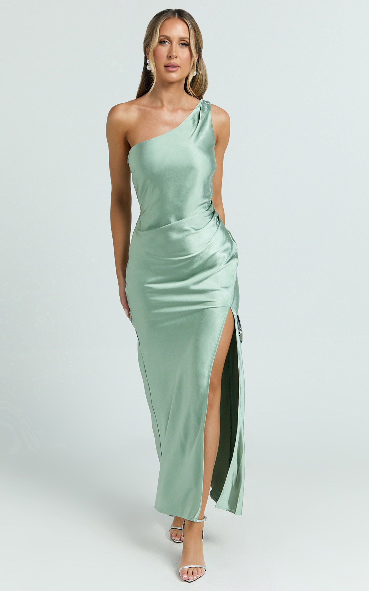 Isla Maxi Dress - Satin One Shoulder Side Split Dress in Sage