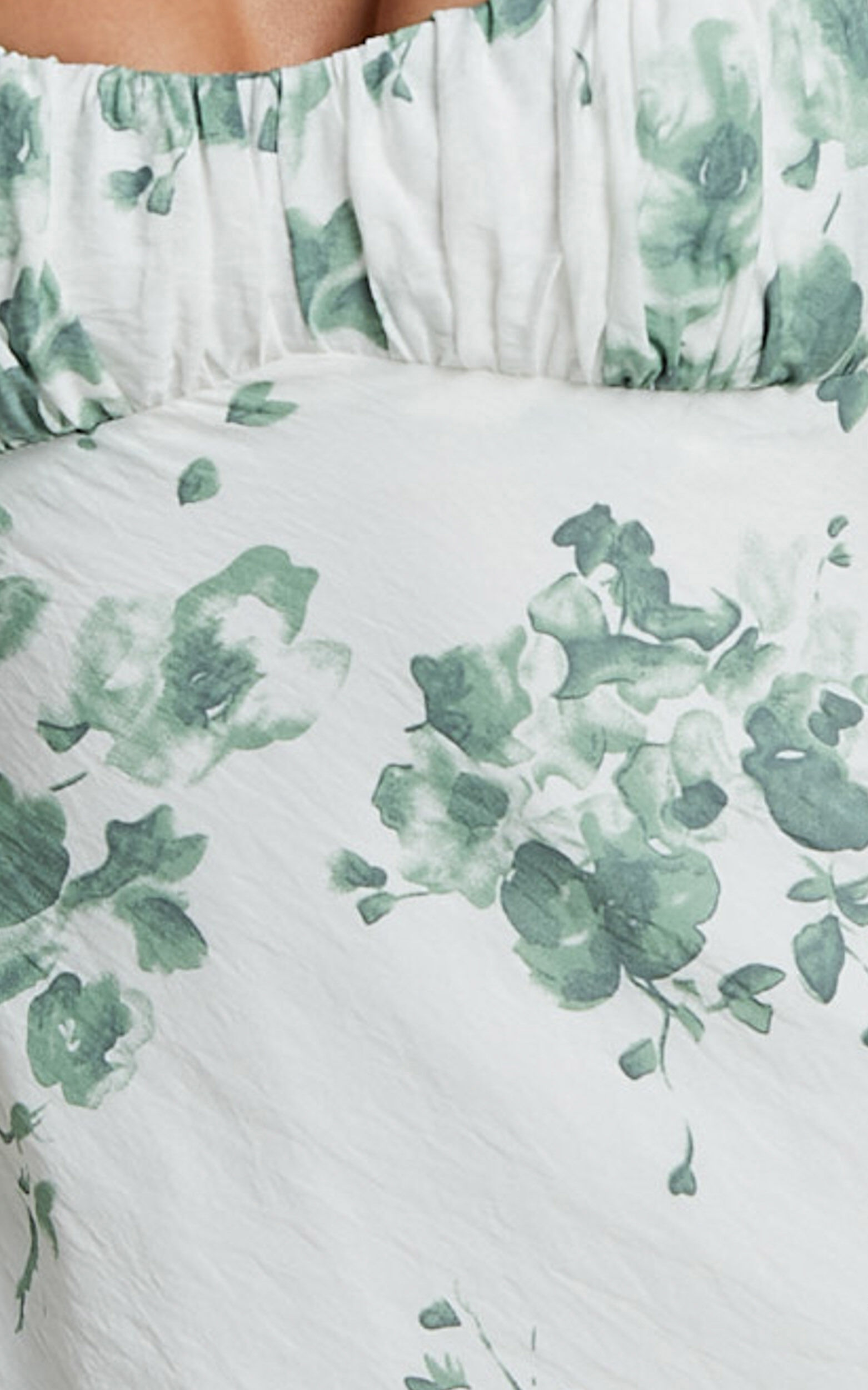 Bettina Midi Dress - Strappy Ruched Bust Slip Dress in Green and White Print