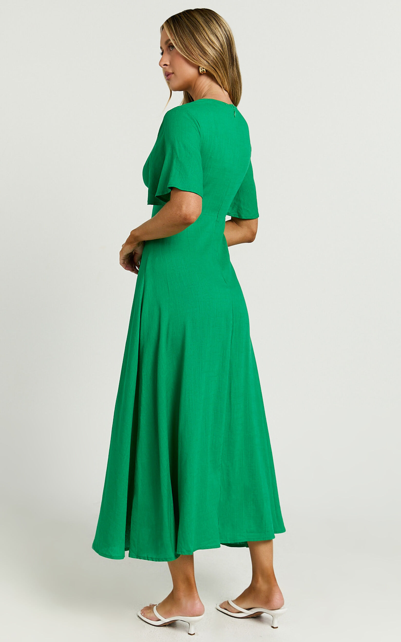 Dakota Midi Dress - Linen Flutter Sleeve A Line Dress in Green