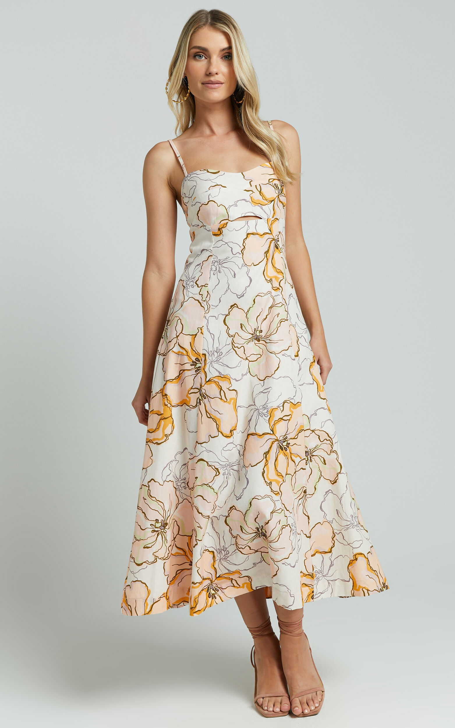 Amalie The Label - Carietta Linen Blend Strappy Sweetheart Cut Out A Line Midi Dress in Maison Fleur