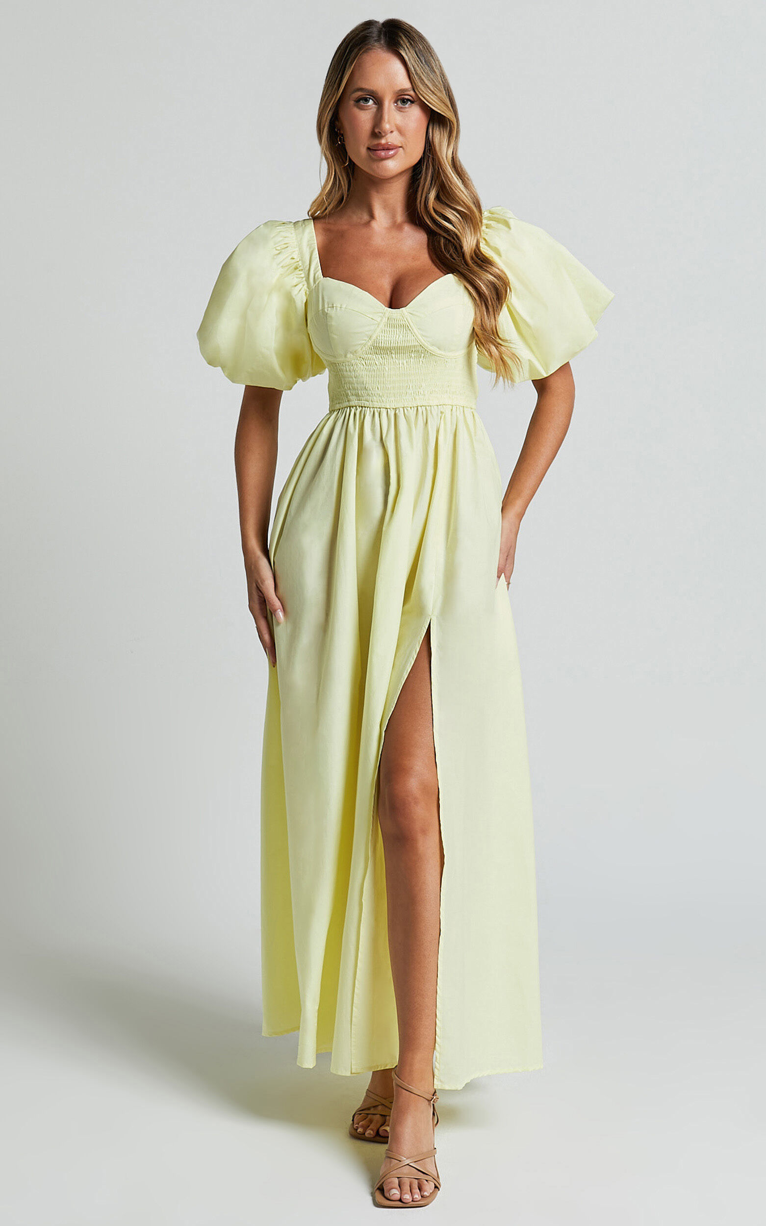 Raiza Midi Dress - Shirred Waist Puff Sleeve Dress in Lemon