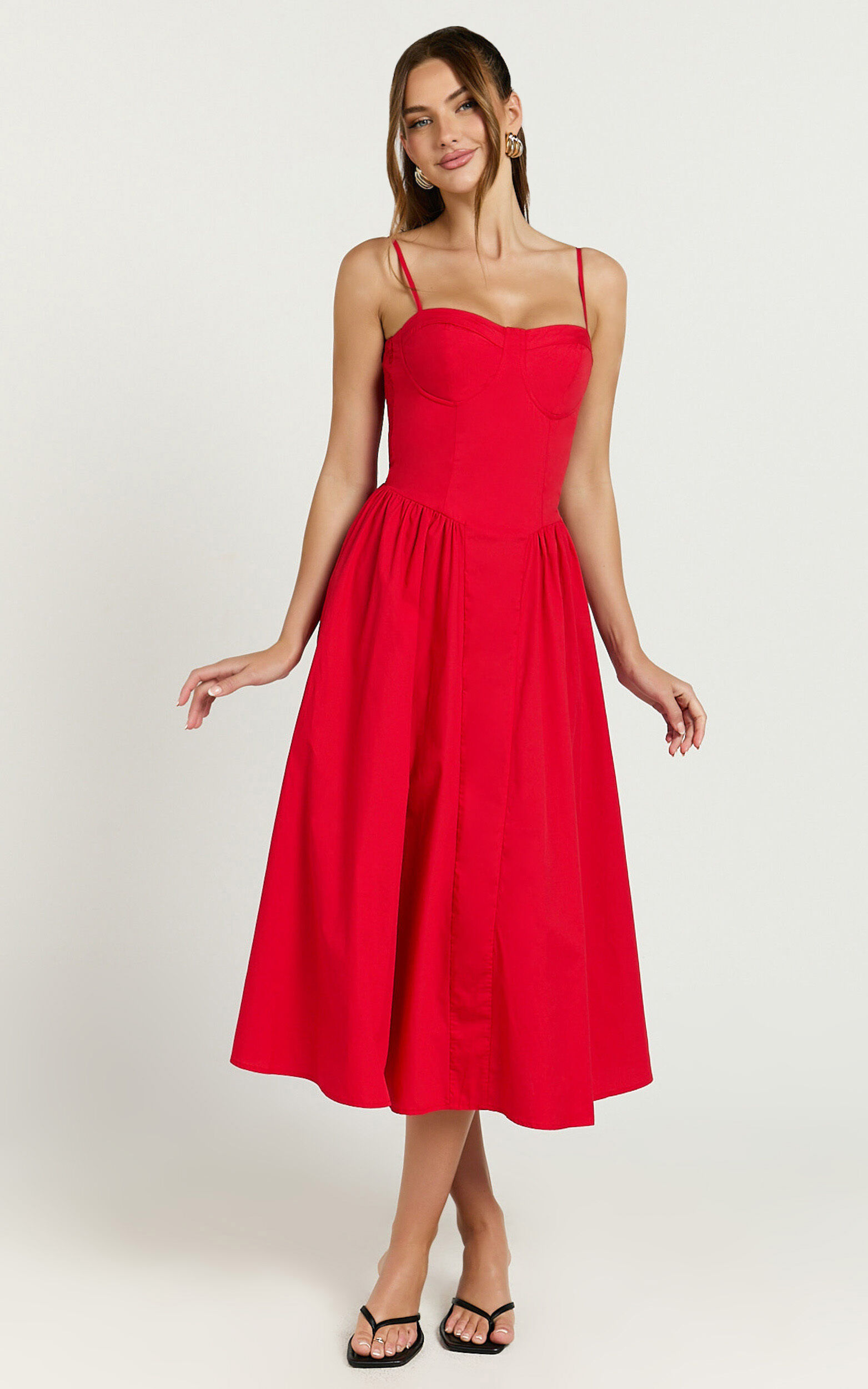 Mhissa Midi Dress - Sweetheart Neck  Fit & Flare Dress in Red