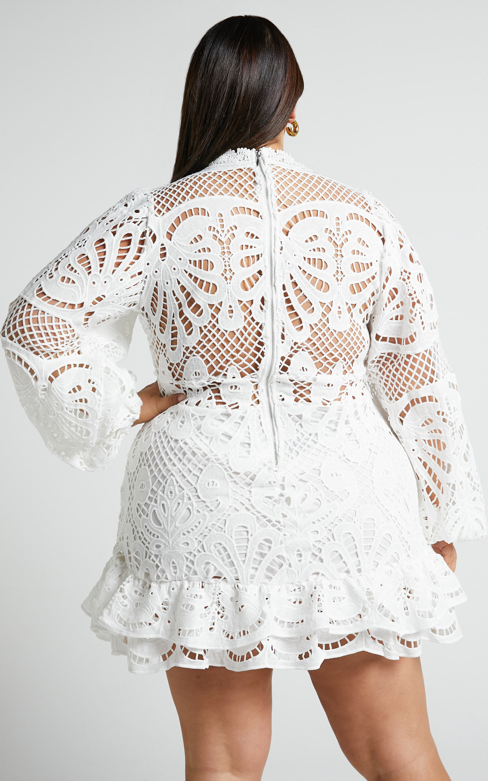 Kiss Me Now Mini Dress - Long Puff Sleeve Dress in White Lace