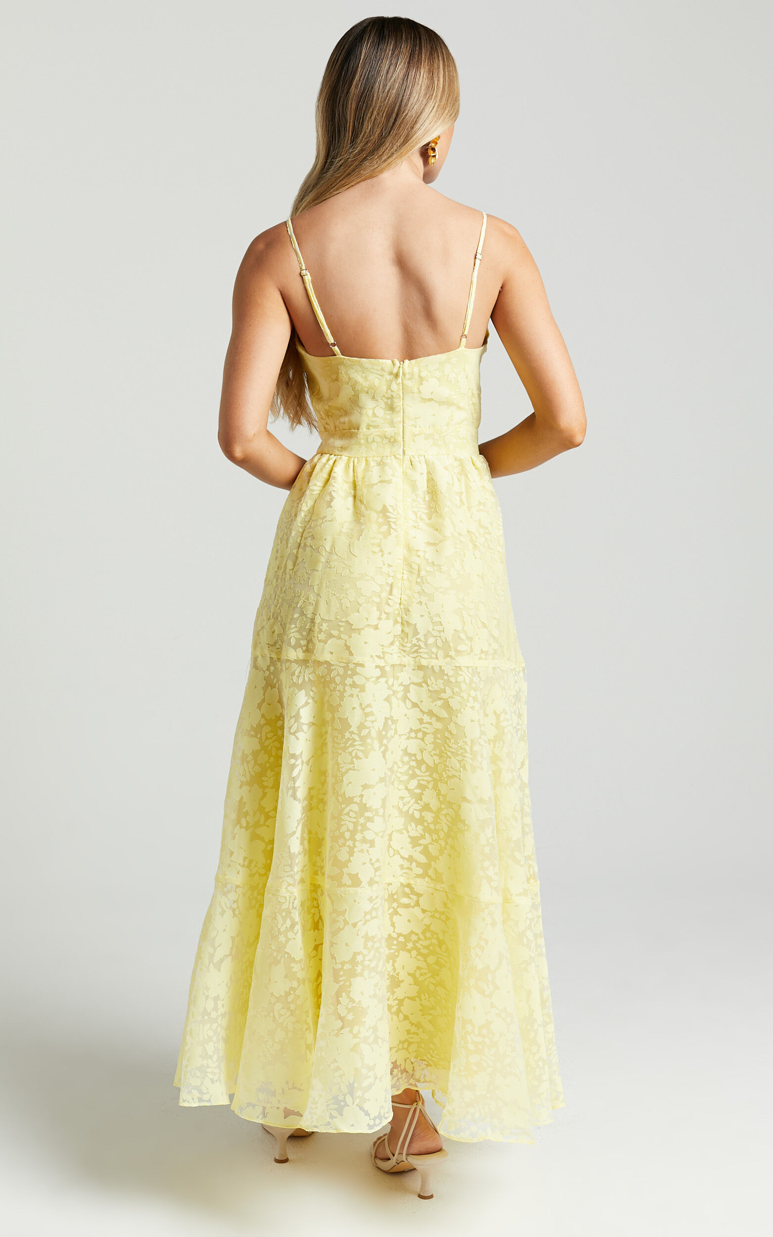 Jorie Midi Dress - Strappy Front Cut Out Tiered Skirt in Pastel Yellow