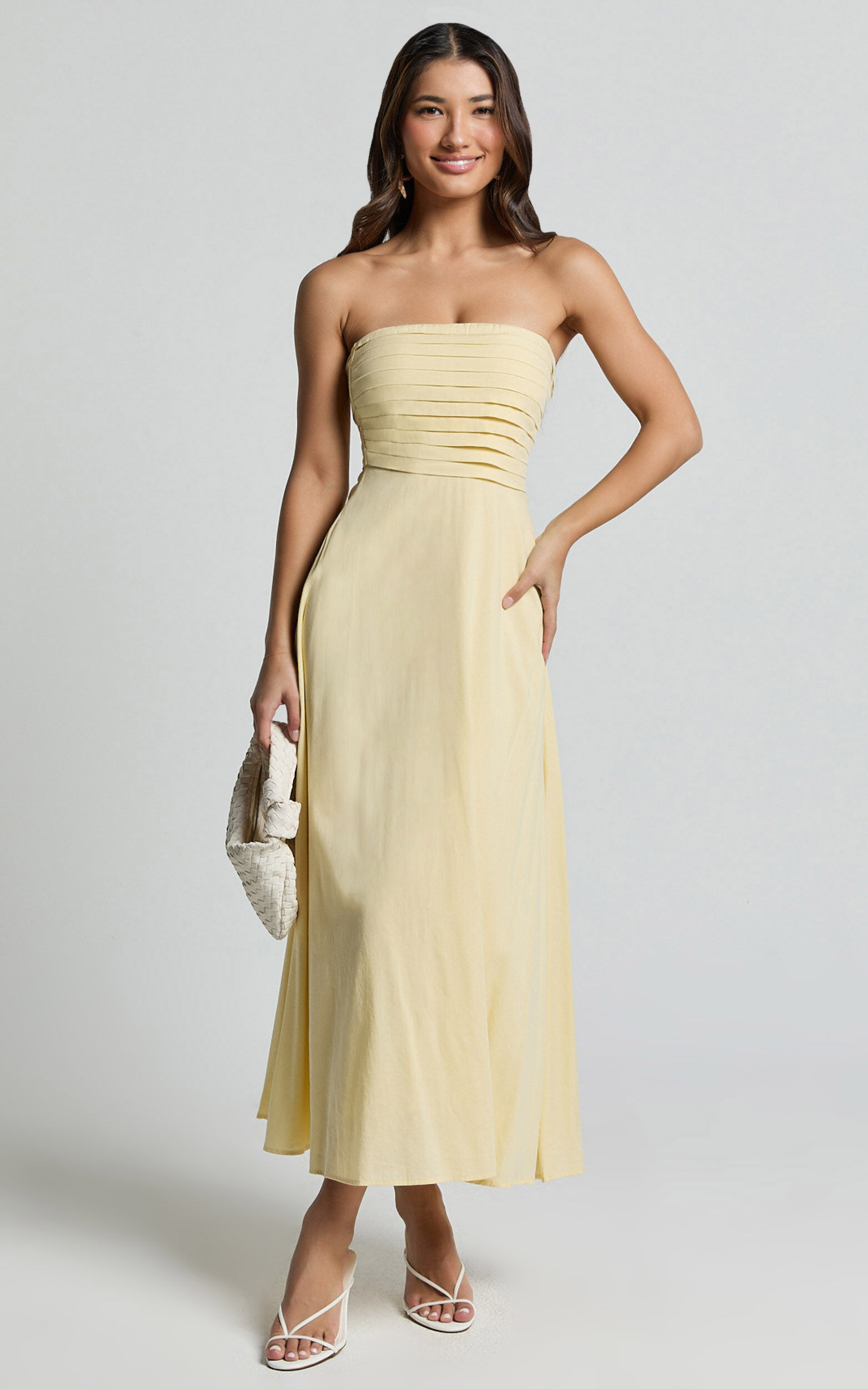 Barbra Midi Dress - Strapless Ruched Bodice Dress in Lemon