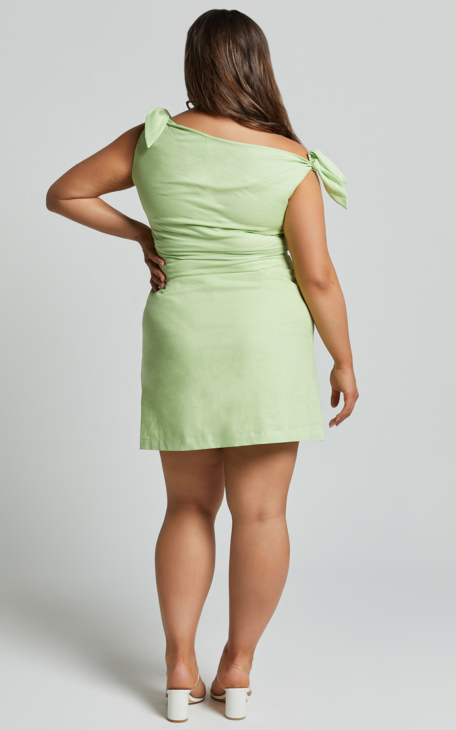 Jeofina Mini Dress - Off The Shoulder Linen Look Dress in Celery