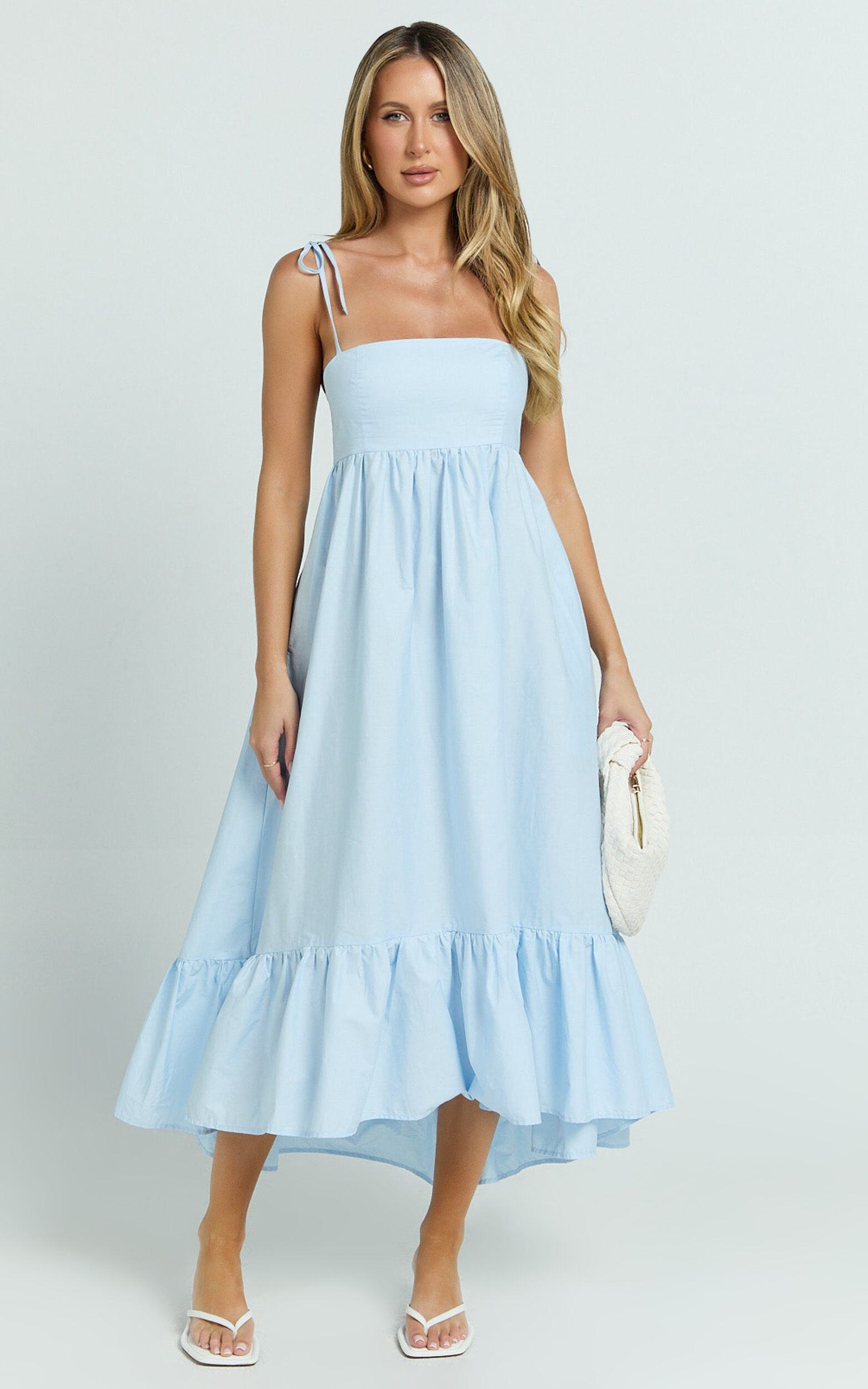 Aveiro Midi Dress - Straight Neck Shoulder Tie High Low Ruffle Hem in Soft Blue