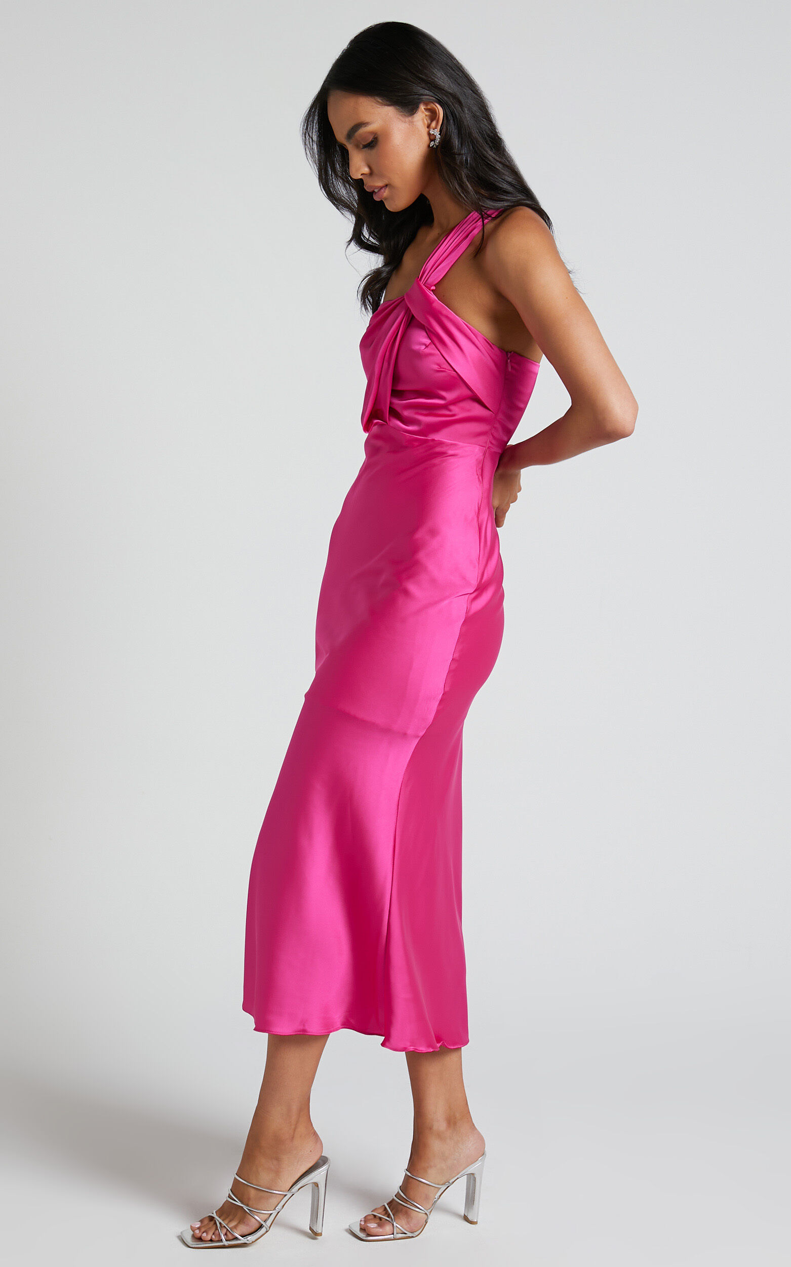Carmella Midi Dress - One Shoulder Twist Detail Dress in Fuchsia